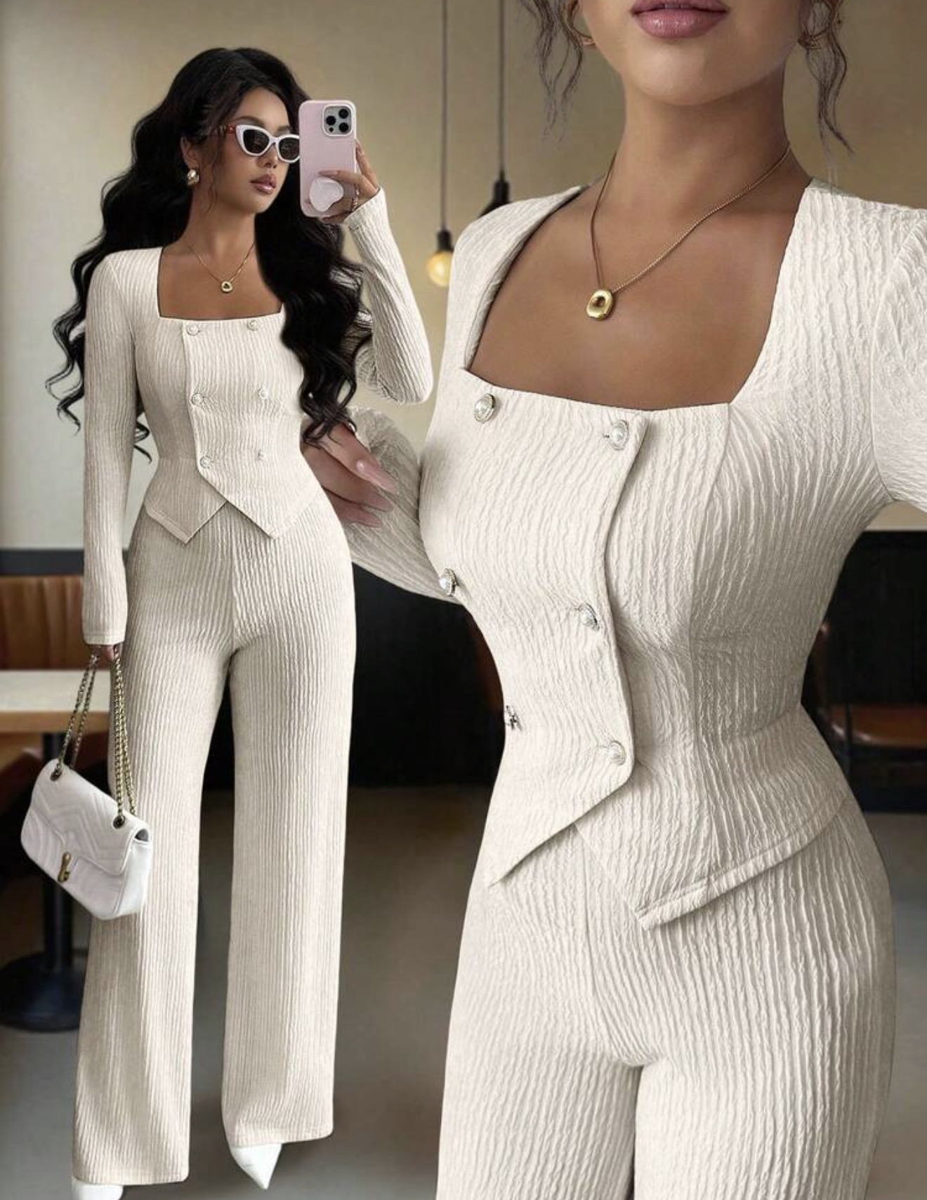 Elenzga 2 piezas Conjunto de mujer de unicolor y textura, que incluye un blazer entallado de solapa muescada y doble botonadura de manga larga, y pantalones rec