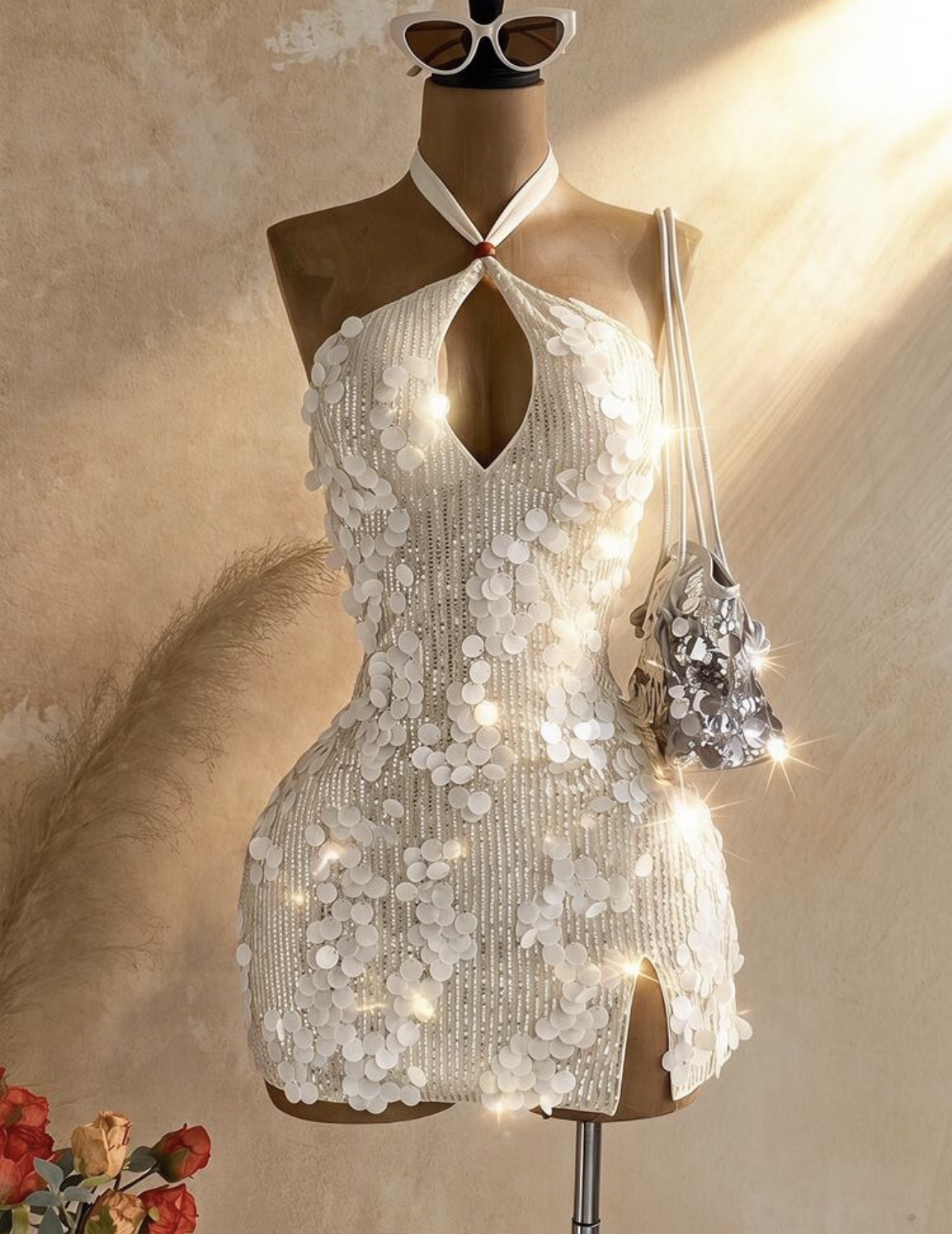 Vestido mini sexy y caliente con escote halter, espalda descubierta y brillo