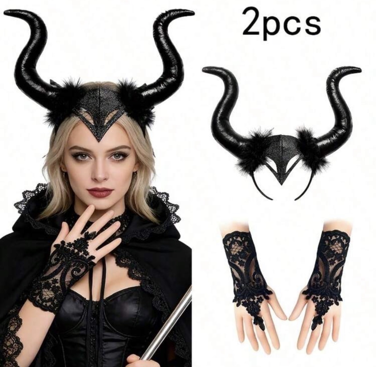 2 piezas/Set Diadema de Cuernos de Diablo de Halloween, Incluye Diadema de Cuernos de Diablo Negro, Guantes de Encaje Negro, Accesorios de Estilo Gótico Oscuro