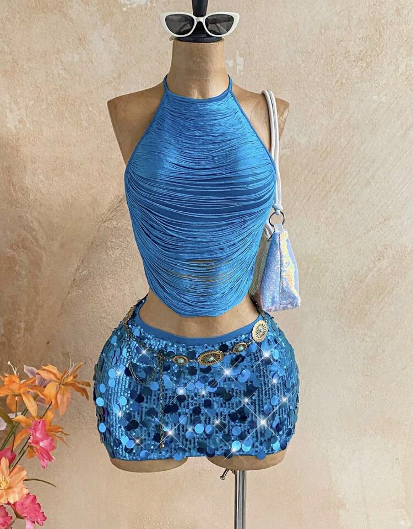 Conjunto de 2 piezas con lentejuelas azul agua para mujer, elegante estilo boho tropical