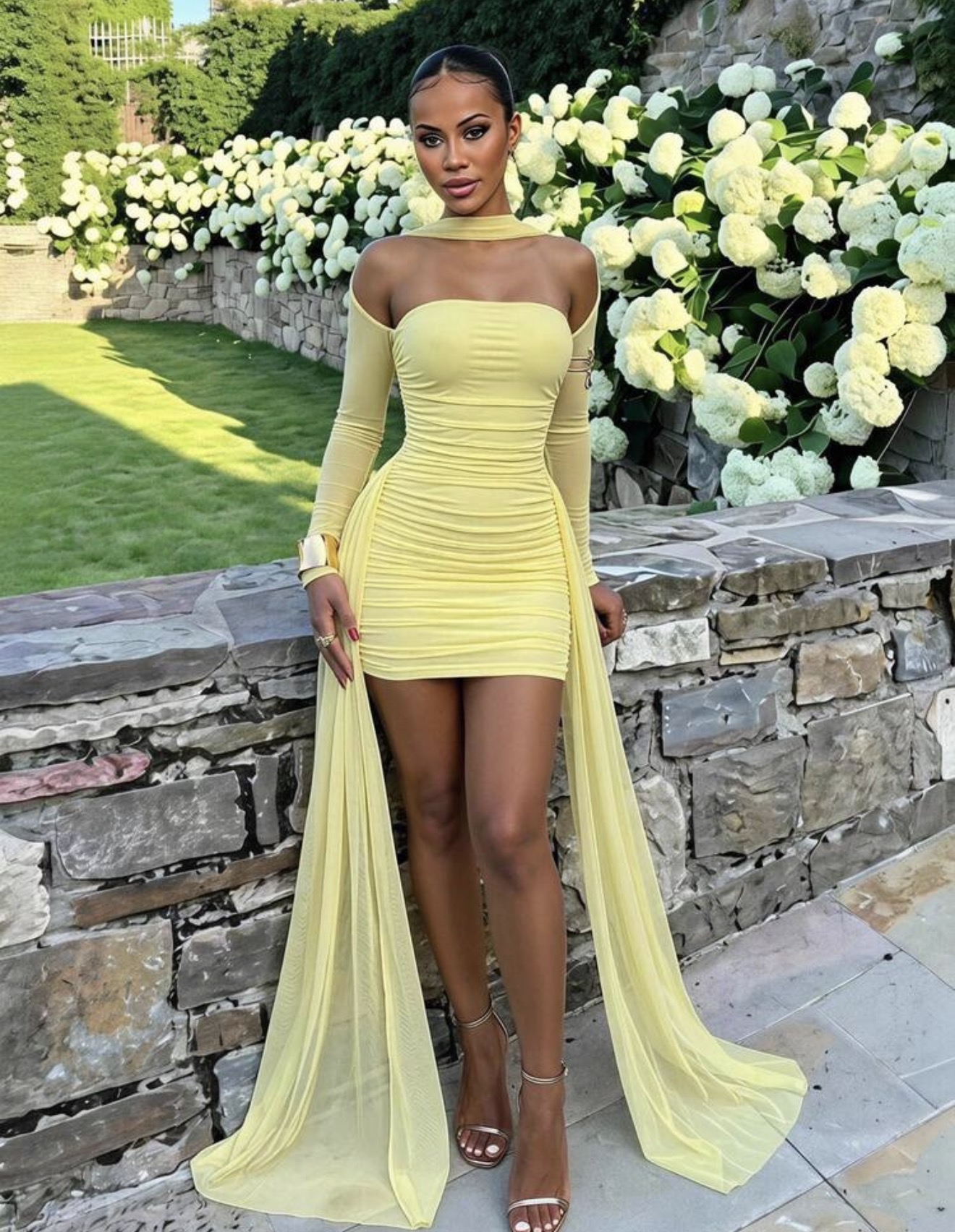 Vestido mini de malla transparente sin tirantes con fruncido, manga larga