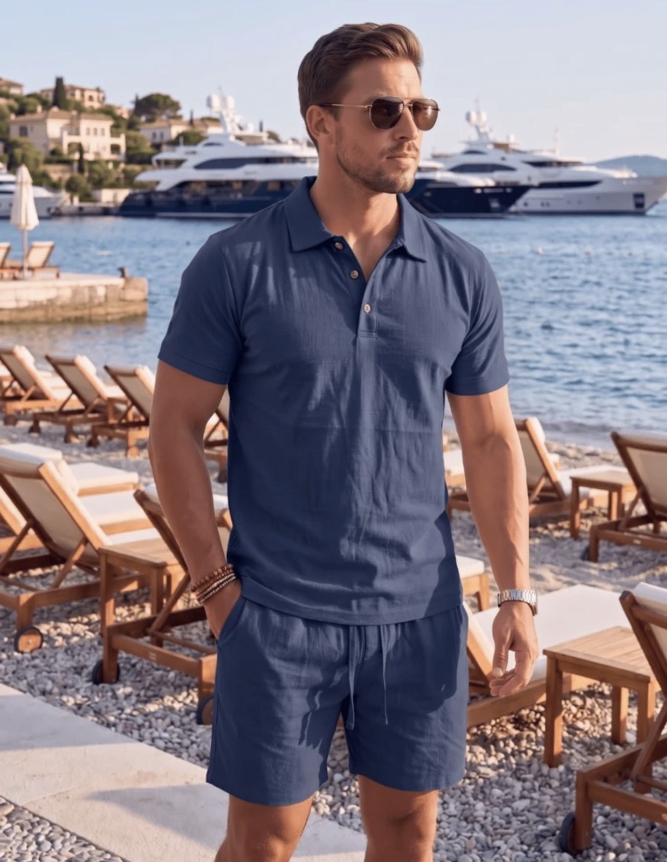 Conjunto de polo de lino y pantalones cortos para hombre