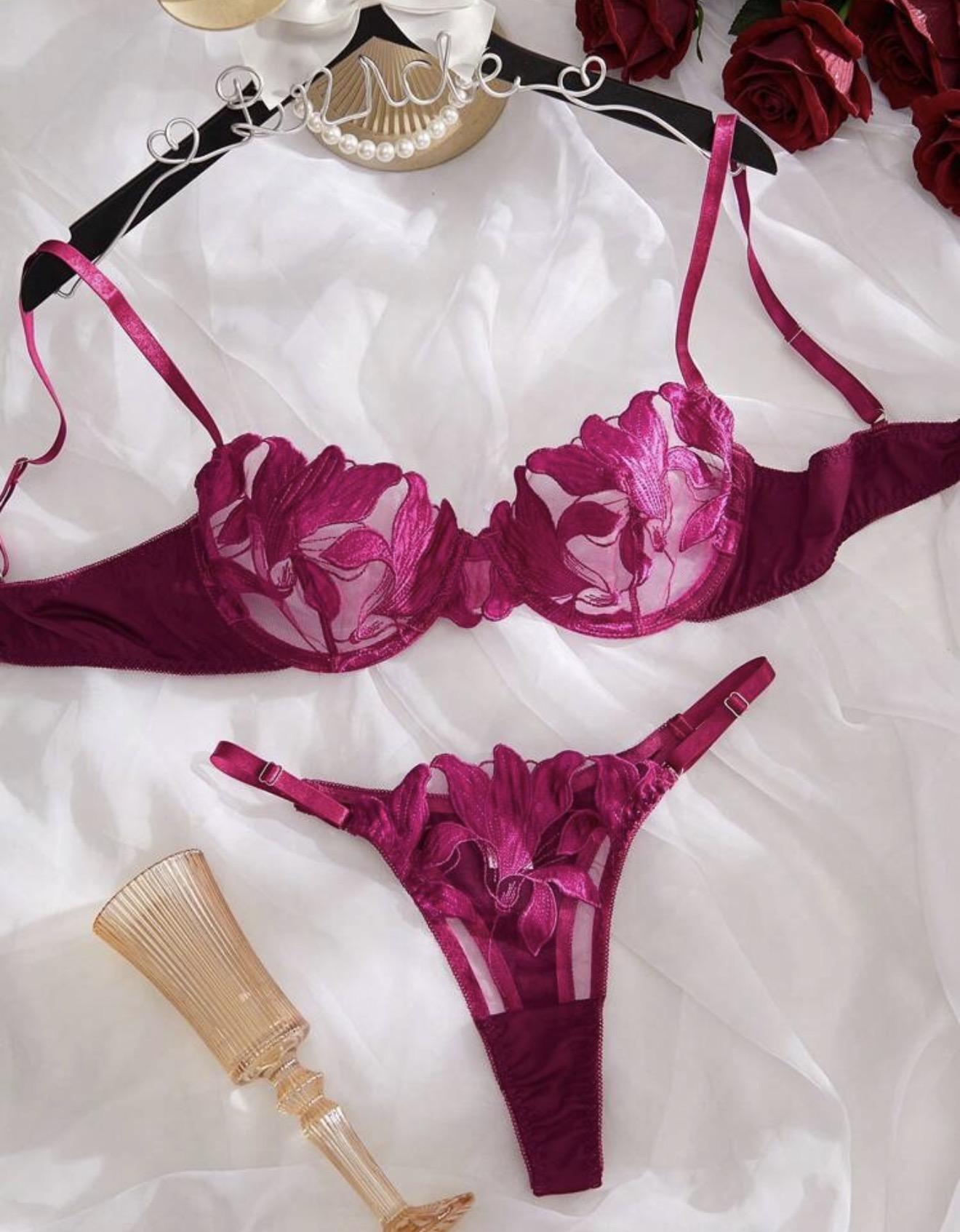 Crystal Vow Conjunto de lencería sexy para mujeres con bordado y soporte de estructura, conjunto de sujetador y panty