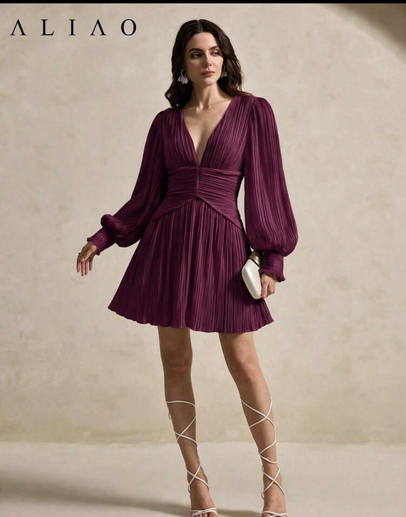 ALIAO Vestido corto de línea A con cuello en V, mangas farol y textura fruncida para otoño/invierno, elegante