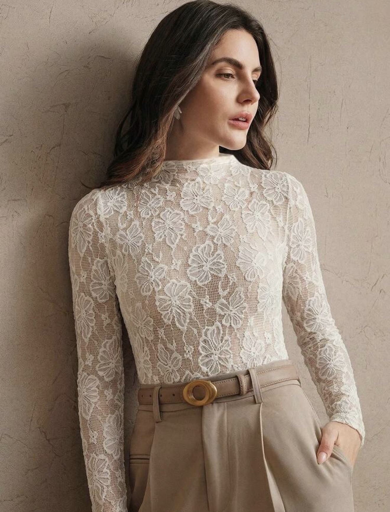 Anewsta Essential Camiseta de mujer de unicolor elegante de manga larga con calados y ligeramente elástica