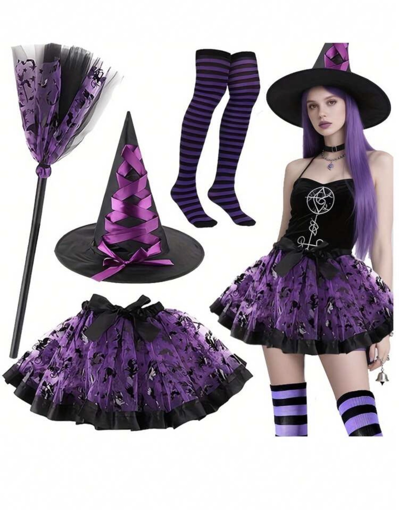 Conjunto de Atuendo para Fiesta de Halloween para Mujeres: Falda de Malla, Sombrero de Bruja, Disfraz de Bruja