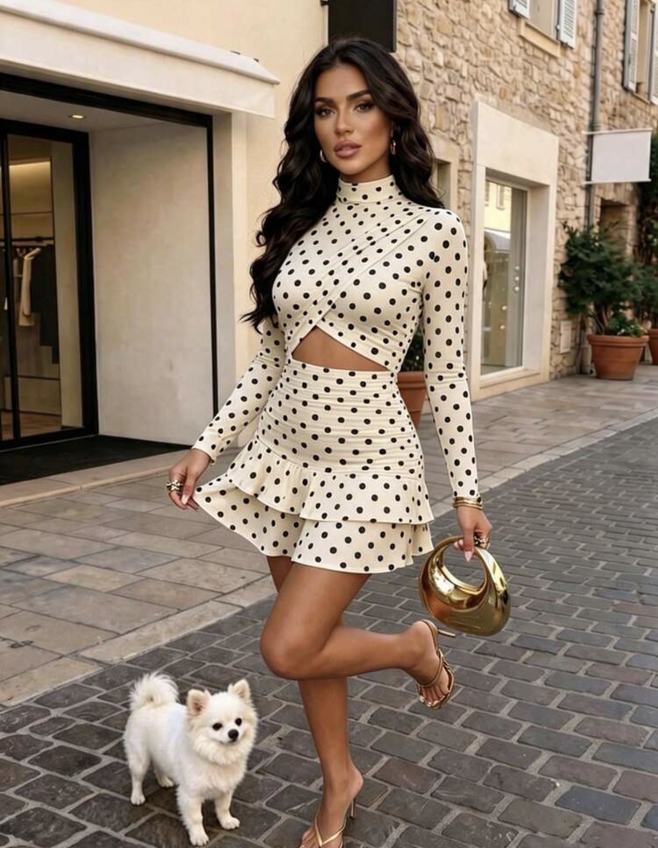Vestido corto elegante con cuello semi-alto, estampado de lunares, mangas largas caladas, dobladillo con volantes multicapa, falda mini línea A, estilo vintage