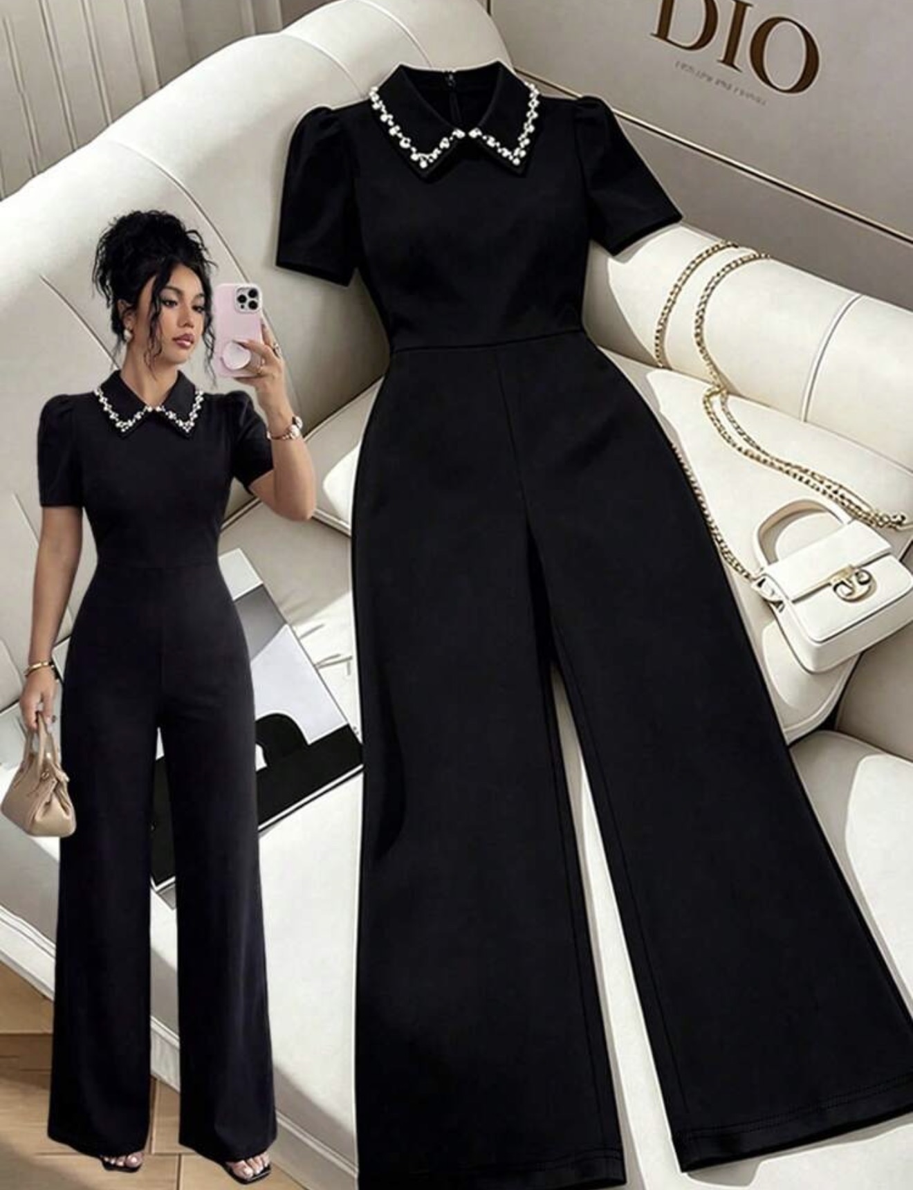 GlowEve Mono con cuello de perla negra у mangas $4.40 › de pétalo, mono elegante de alta gama con cintura (62) ceñida y efecto adelgazante