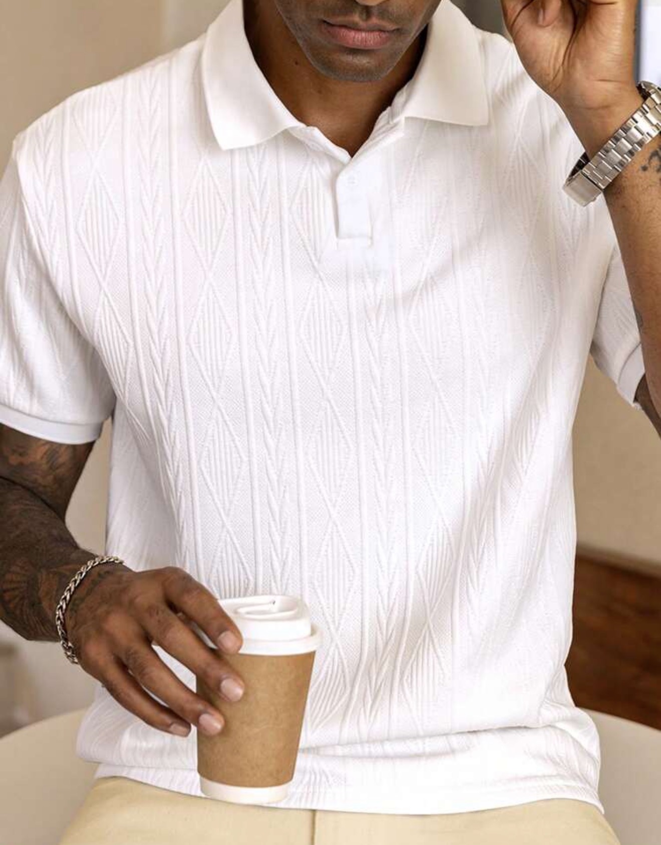HUEFORM Camisa Polo de Manga Corta con Diseño Texturizado de unicolor para Hombre