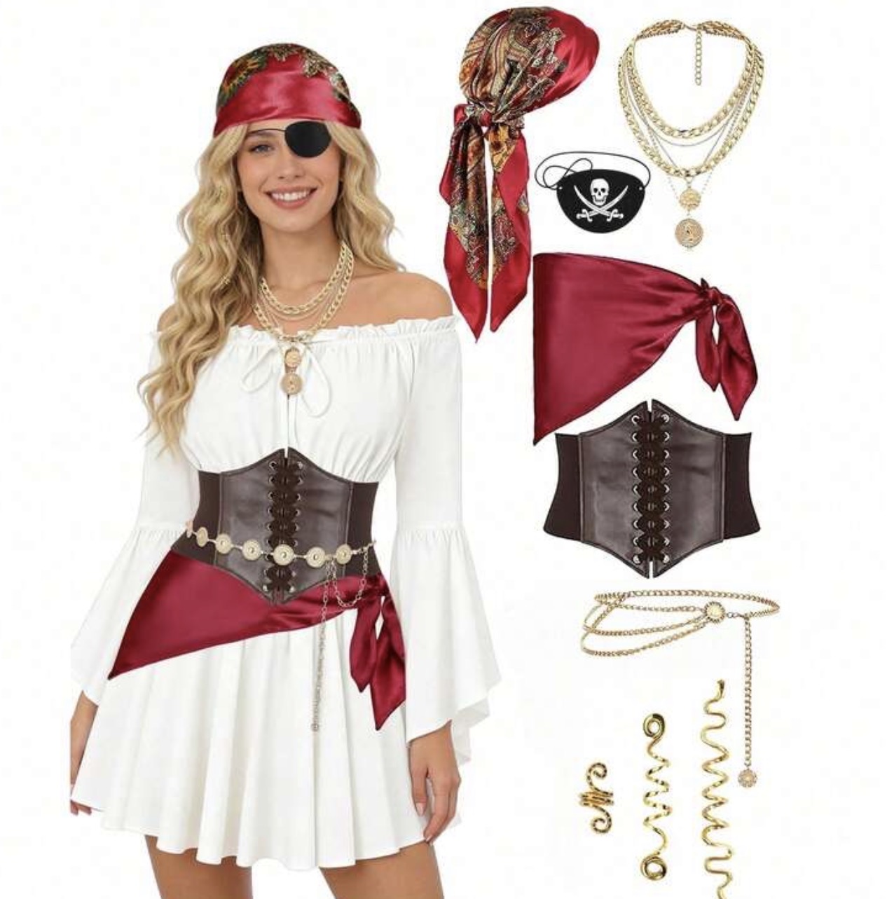 Juego de 9 piezas de accesorios de disfraz de pirata para mujer (vestido no incluido)
