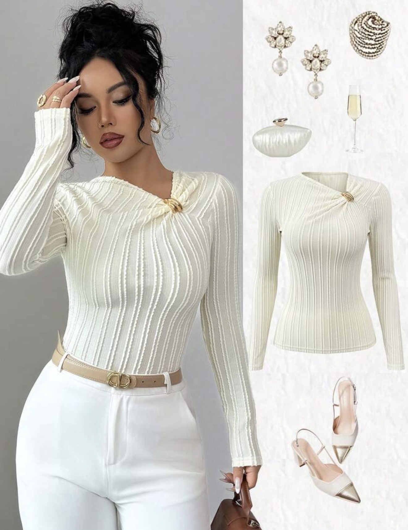 Elenzya Camiseta de manga larga de diseño elegante y versátil con cuello en V sesgado, cintura ceñida, botones metálicos irregulares у textura de tela jacquard