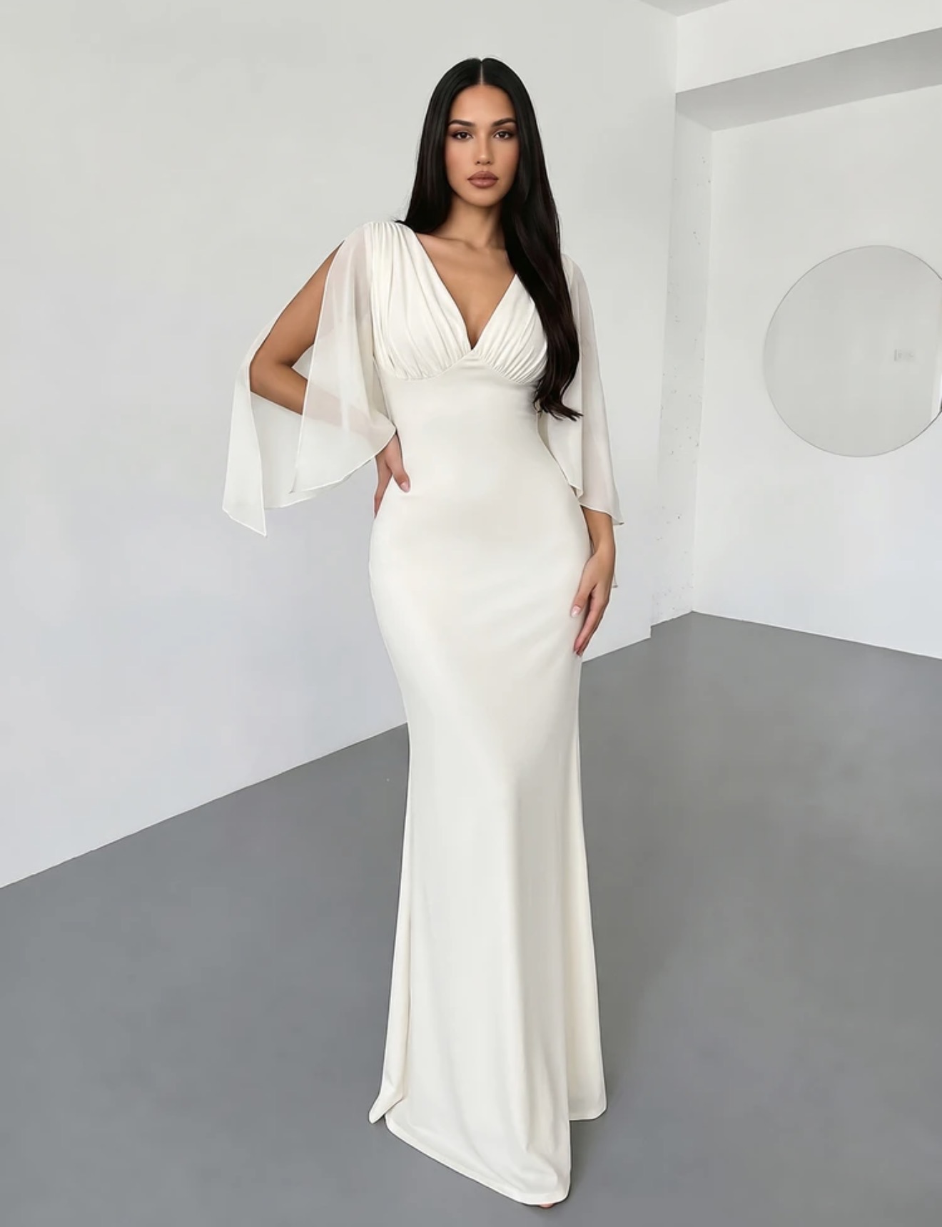 Firerie Elegante vestido blanco de mujer con cuello en V, escote fruncido romántico y mangas acampanadas