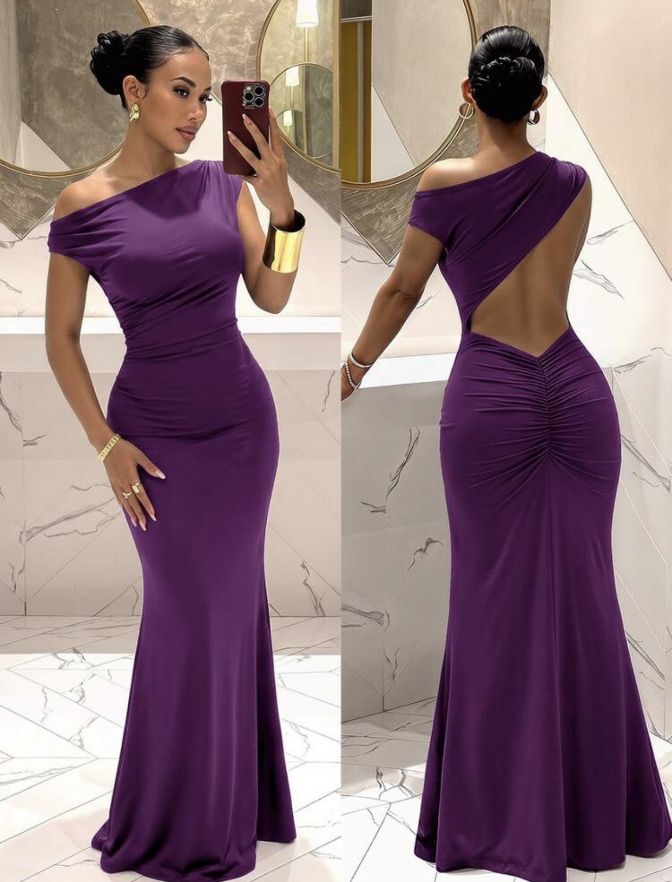 Slaydiva Vestido de Sirena Super Largo Dress-B, Ajustado ajustado, Sin Mangas, Espalda Descubierta, Hombro Asimétrico y Cuello Asimétrico, Elegante