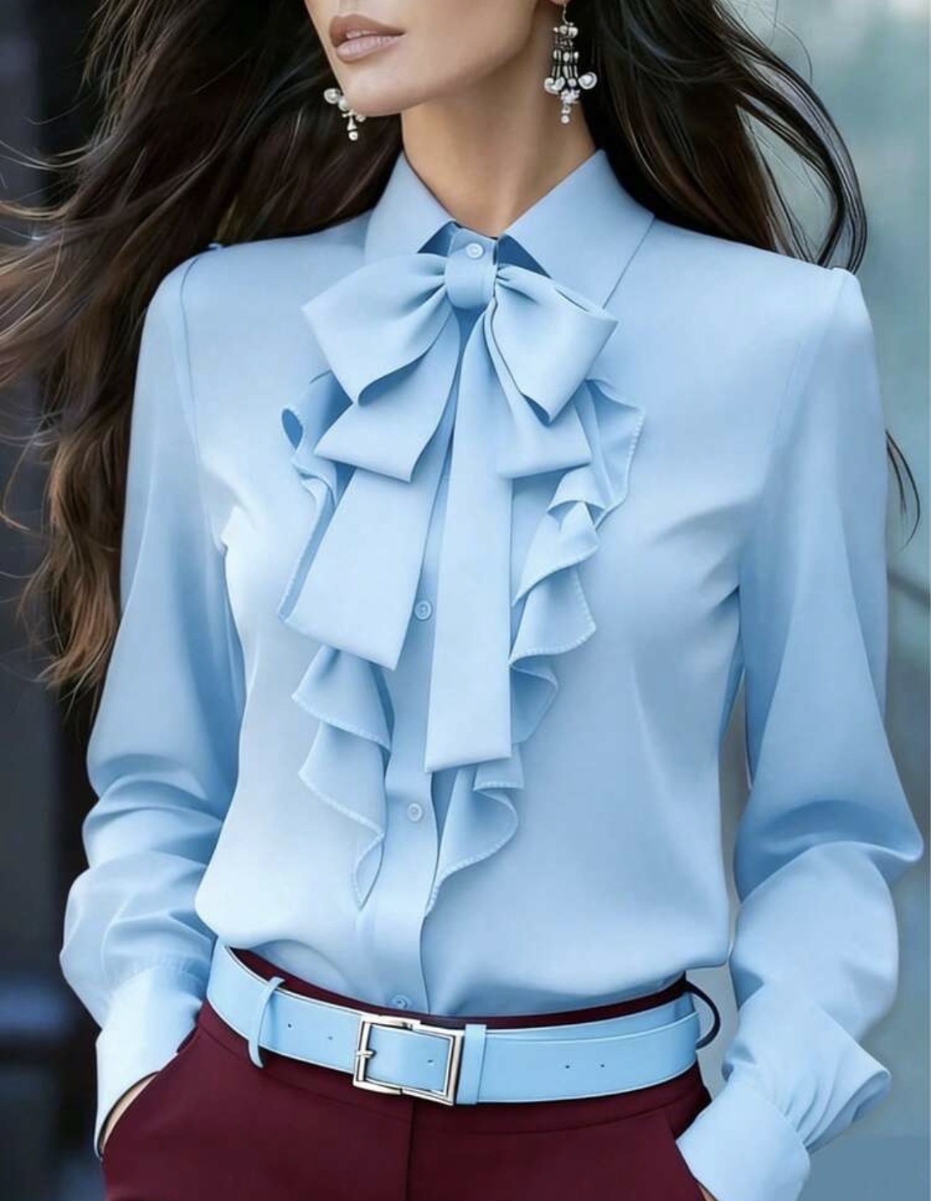 Blusa elegante de manga larga para mujer, cuello con corbata morada con detalles de volantes y lazos