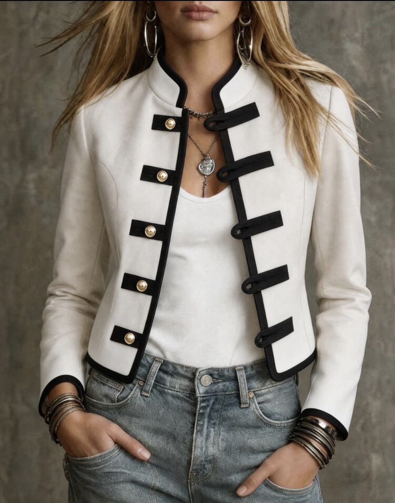 Chaqueta de mujer de otoño con patchwork en blanco y negro, abrigo corto de cuello alto, estilo vintage retro elegante