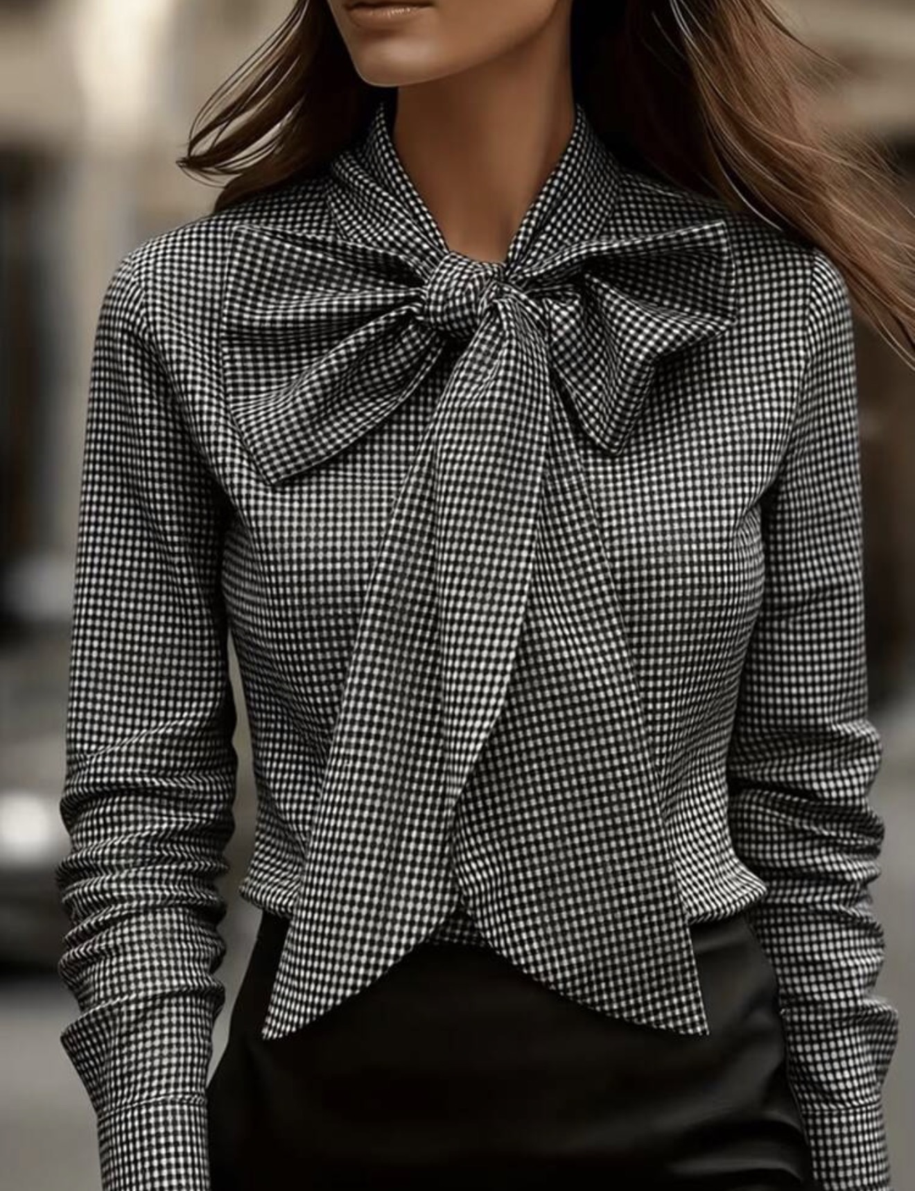 Balvessa Blusa de manga larga con lazo y estampado a cuadros