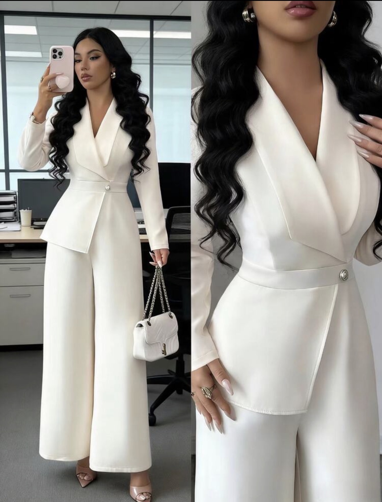 Elenzga Mono de mujer color albaricoque de tela lisa con cuello en V y solapa, cintura ceñida, diseño de patchwork, elegante y profesional