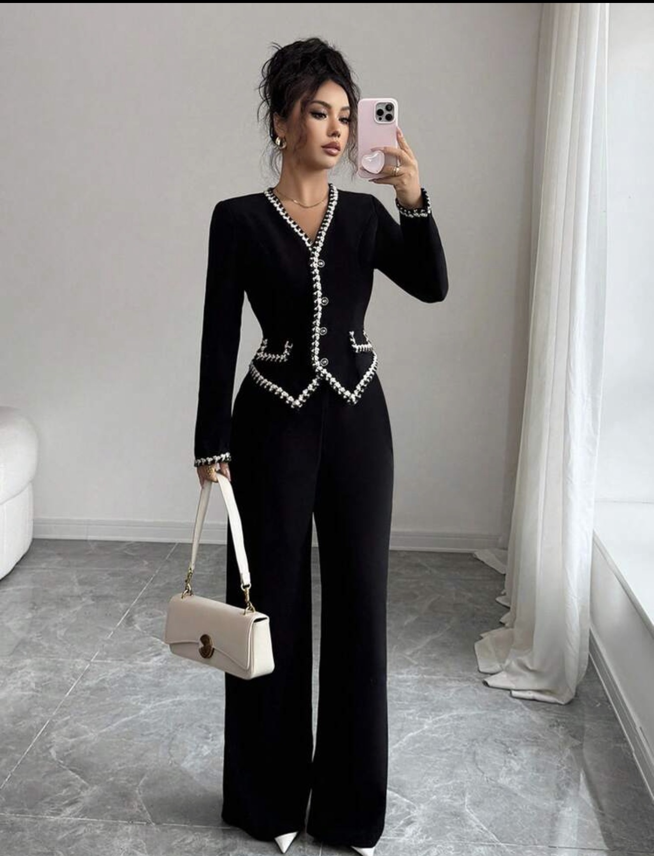 Elenzga Blusa de manga larga con cuello en * 4.65 > V elegante, decorada con botones, con bolsillos, (93) ribete de contraste