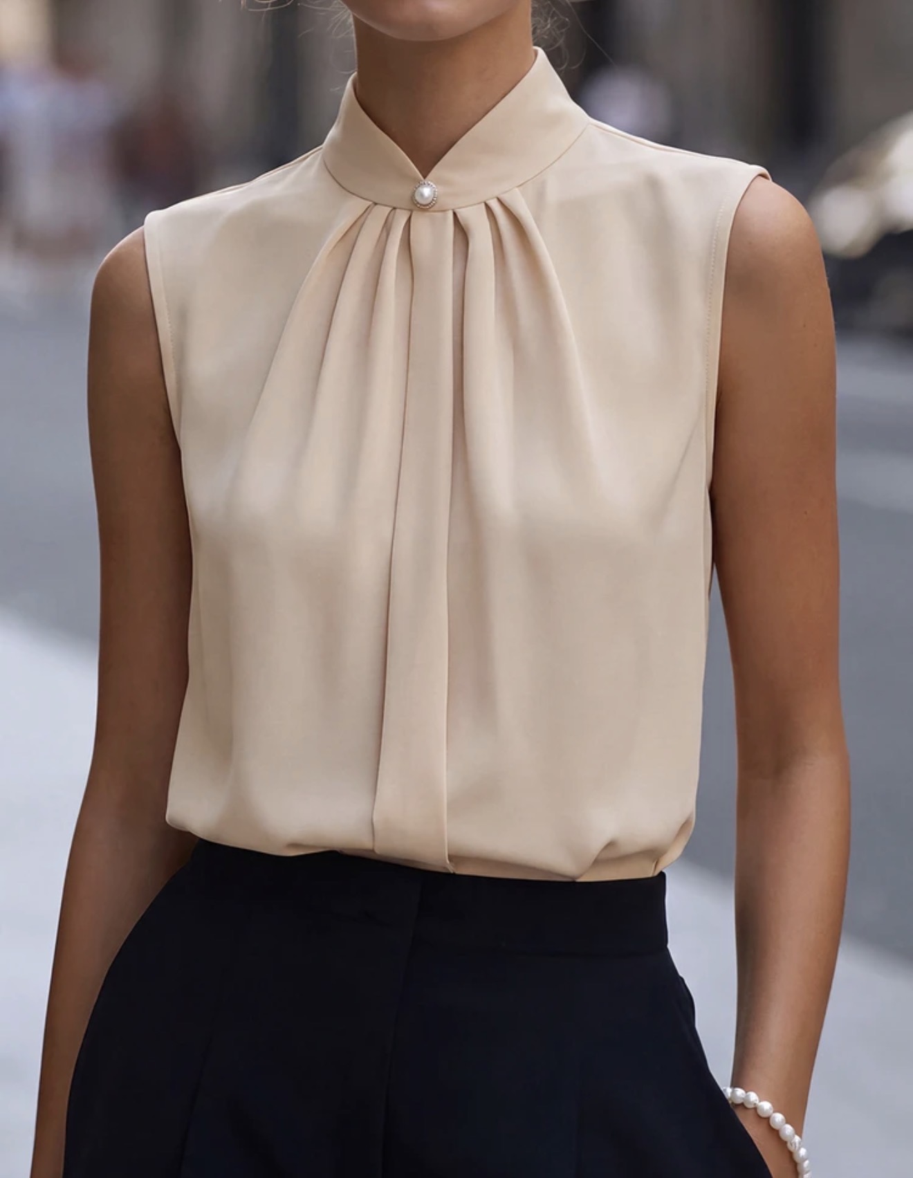 Camisa de mujer de unicolor con cuello mandarín y pliegues, adecuada para el uso diario, la oficina, los negocios, el verano, elegante y casual