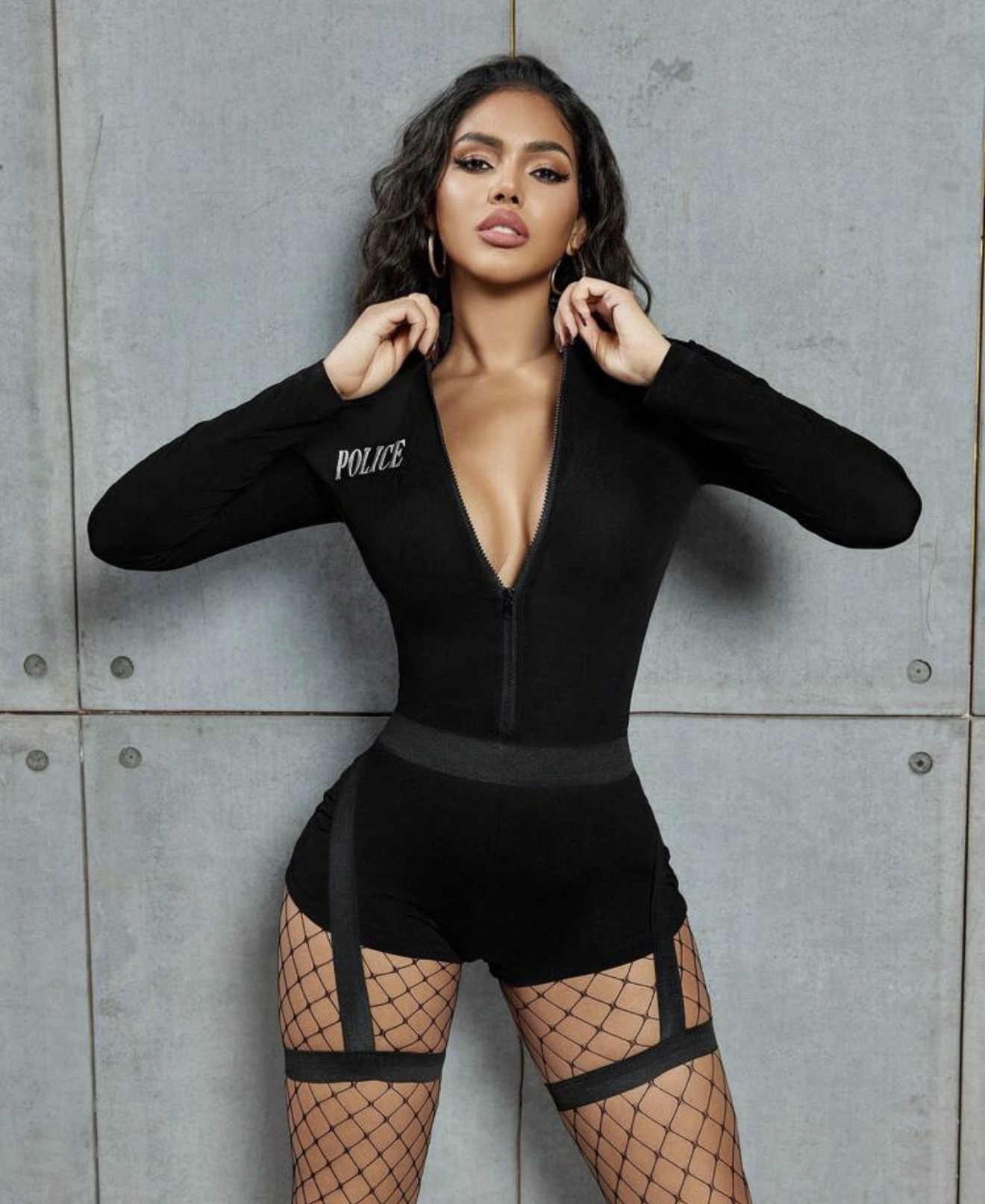 Disfraz de policía sexy para mujer de Halloween, lencería para juego de rol con mono de cuello alto, manga larga y cremallera delantera + liga para pierna y cin