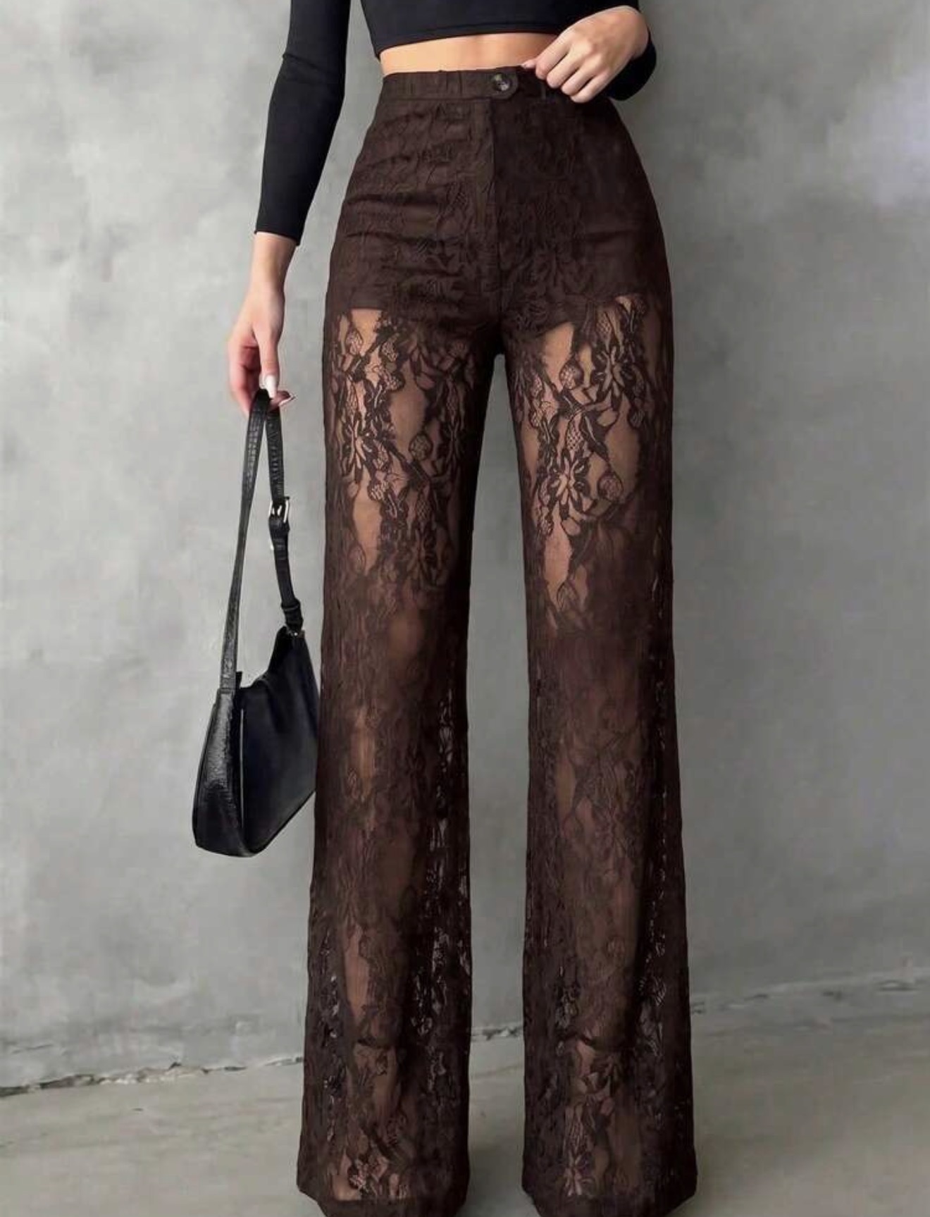 Pantalones rectos de mujer elegantes y versátiles con diseño de encaje patchwork, botones falsos y transparencia, estilo nuevo para primavera y verano