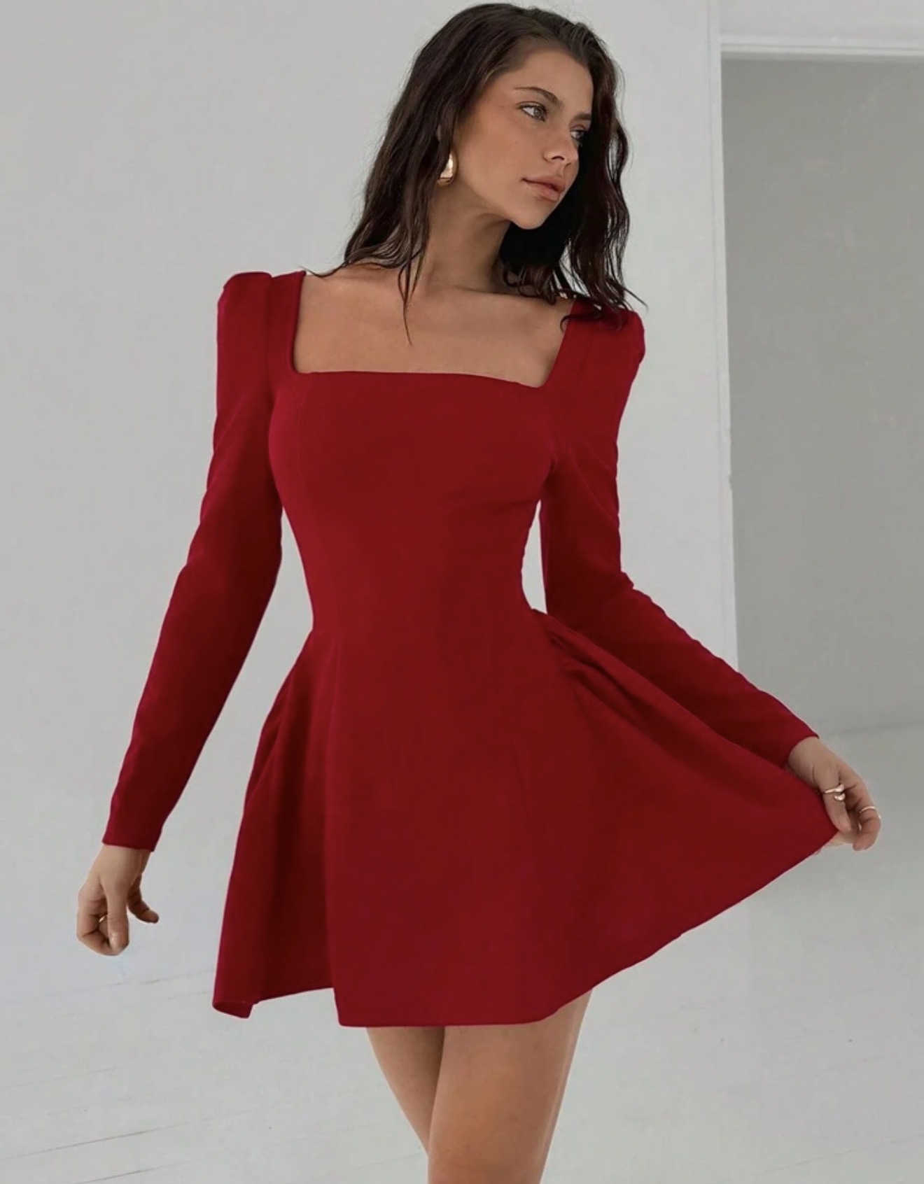 Aloruh Vestido mini rojo liso con línea A y volante, con cuello cuadrado - Vestido ceñido de manga larga sexy y elegante