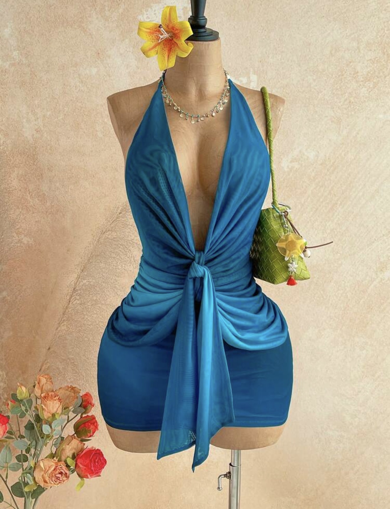 Vestido mini para mujer azul cerceta de verano estilo años 70 sexy