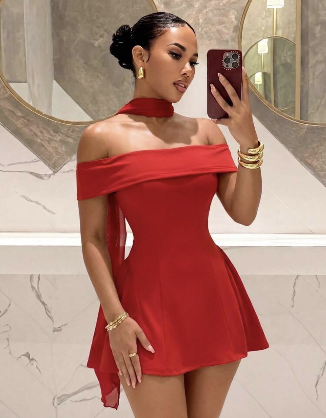 Slaydiva Vestido de princesa estilo francés con cuello anudado y hombros descubiertos corte A