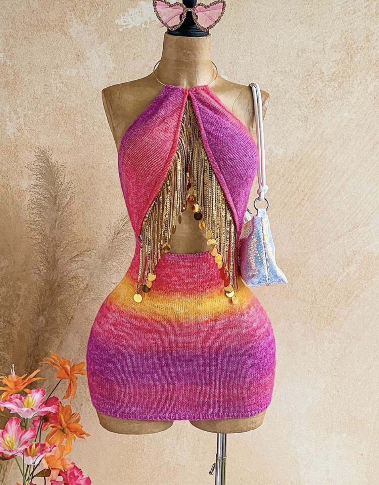 Vestido de punto ajustado sin espalda con degradado, lentejuelas y flecos para mujer, estilo casual sexy