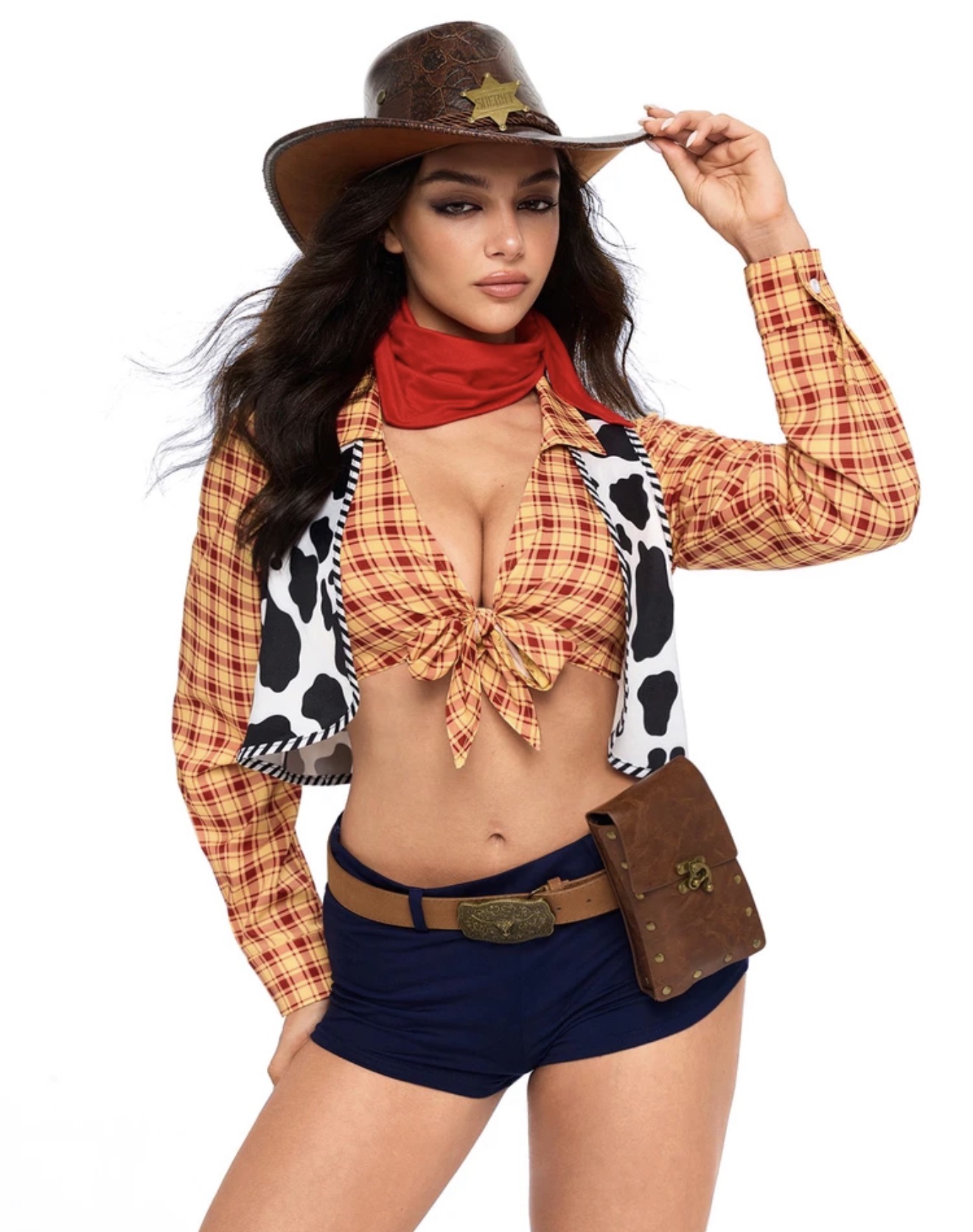 Conjunto de 3 piezas, camisa a cuadros, chaleco con estampado de vaca y short
