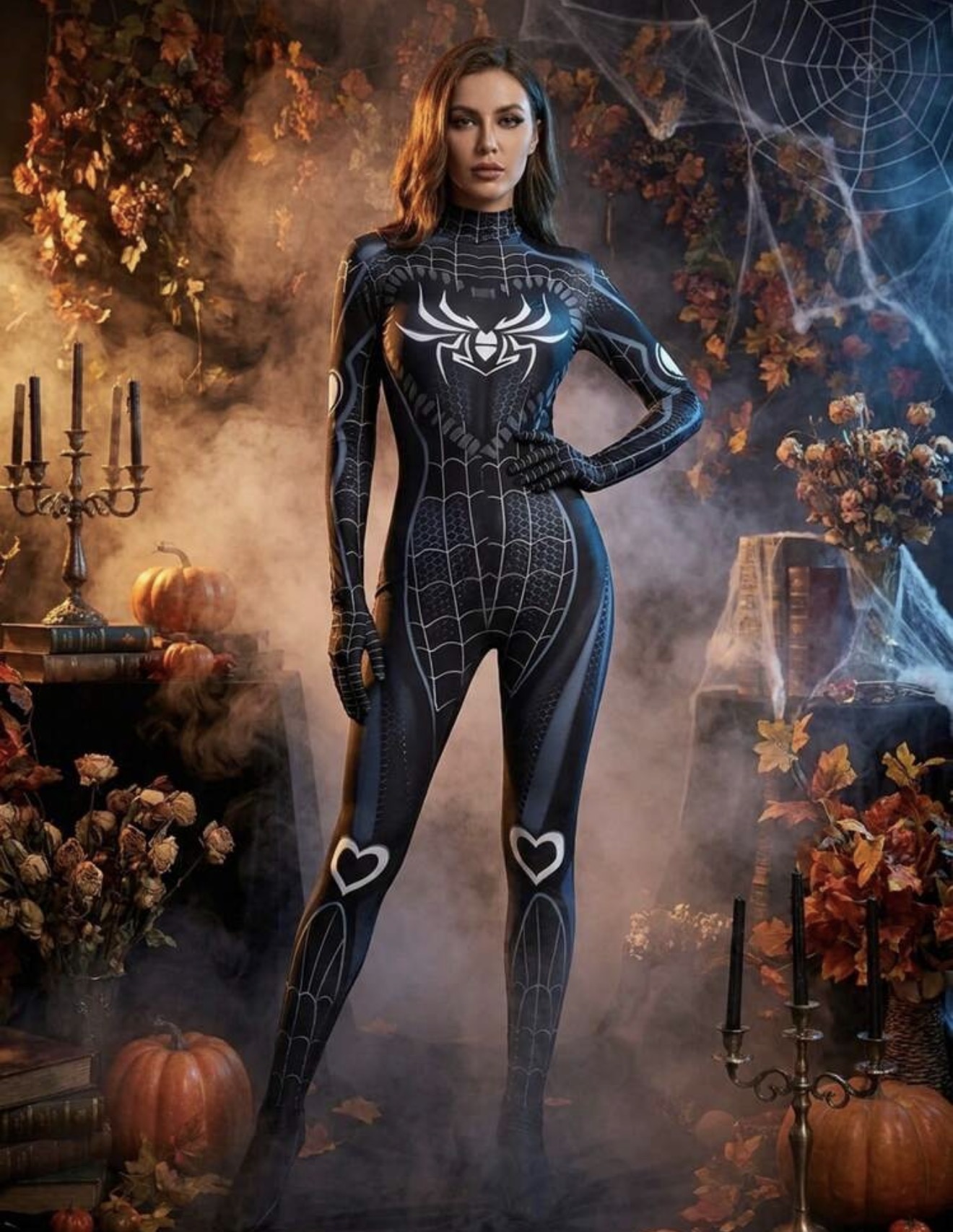 Mono de cosplay sexy para mujer con estampado de telaraña, manga larga y ajuste cenido, disfraz de Halloween, traje de una pieza cor elasticidad media