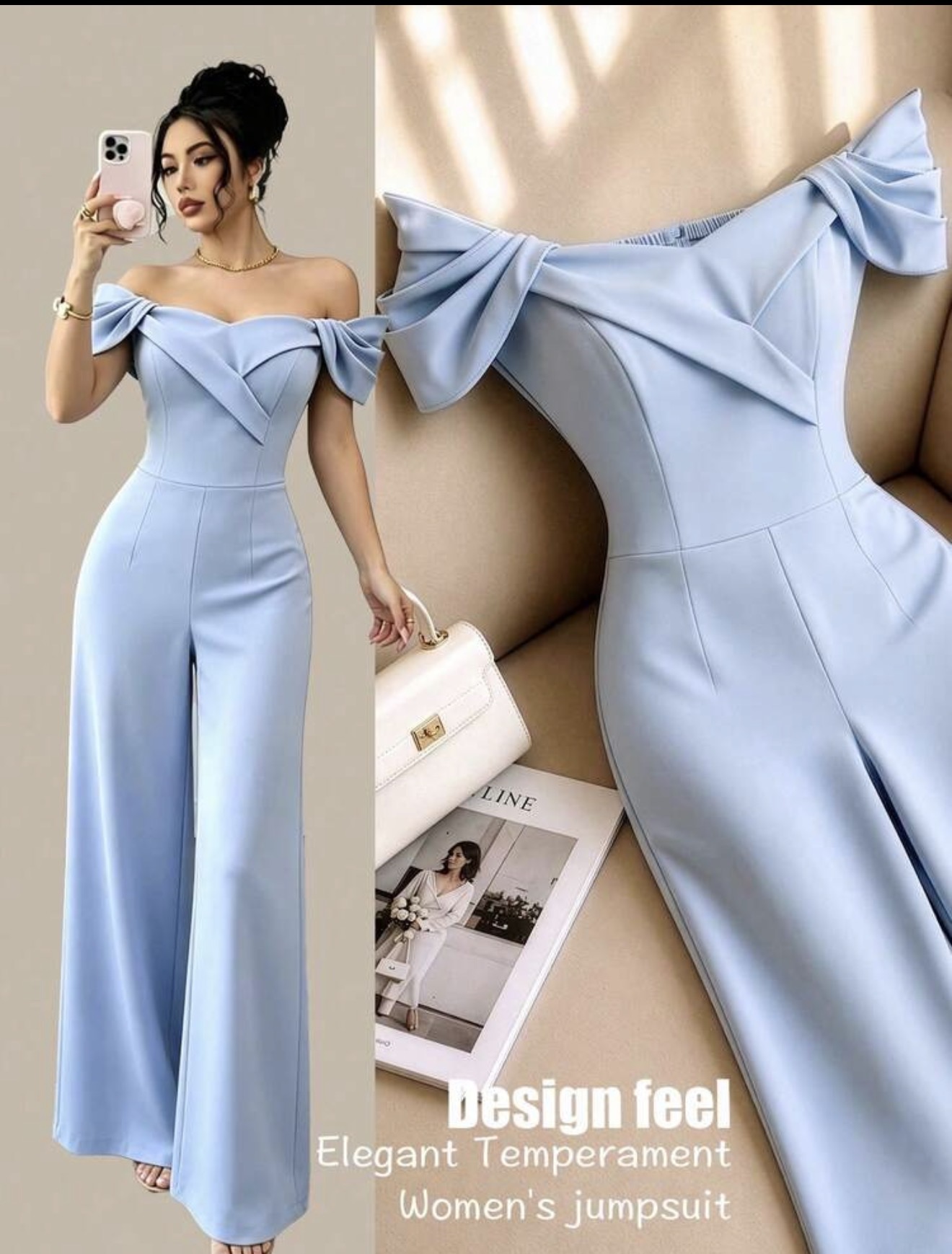 Elenzga Mono elegante para mujer, azul claro, sin tirantes, hombros descubiertos, diseño asimétrico, plisado, cintura ceñida, pierna recta y ancha