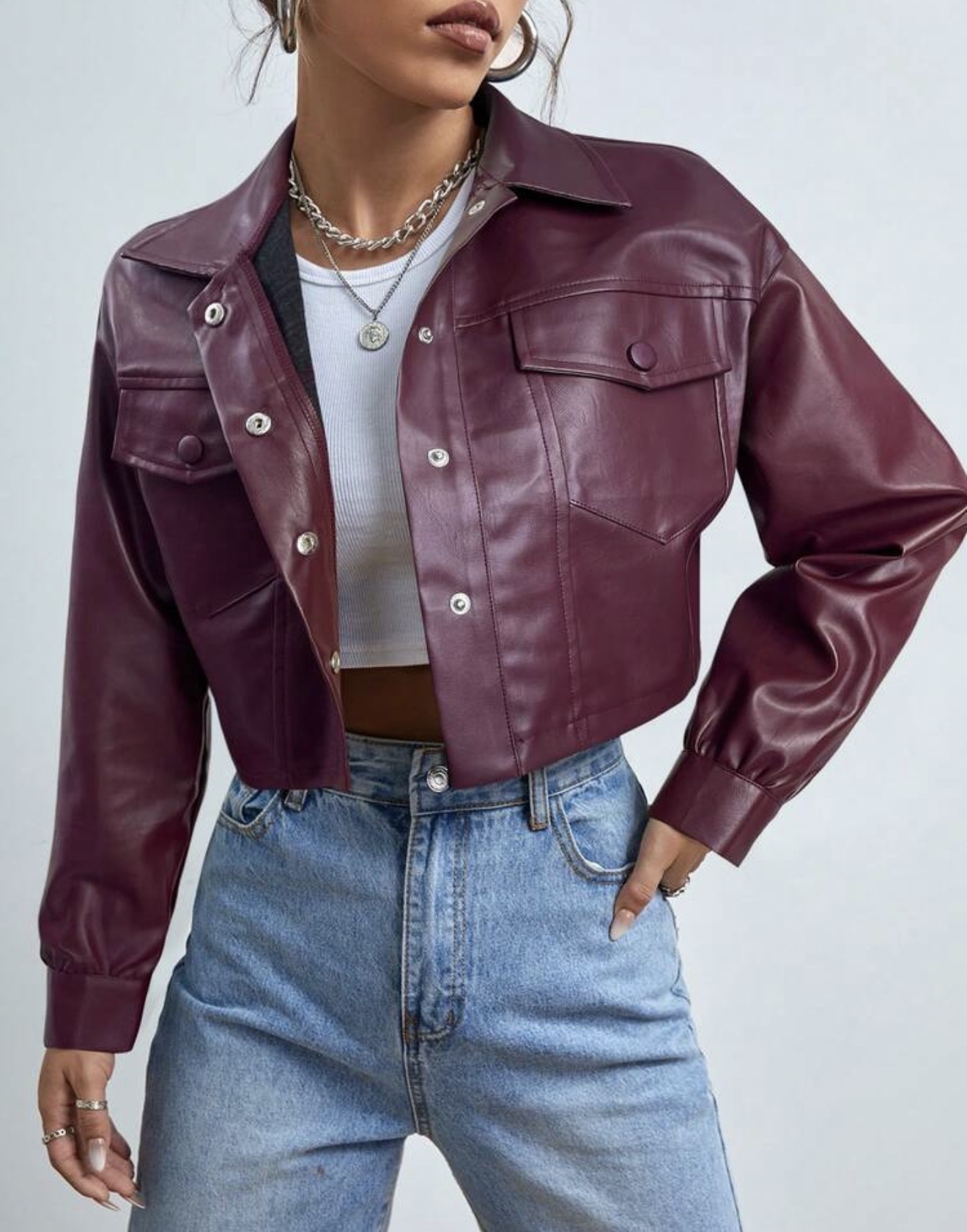 SHEIN EZwear Chaqueta de manga larga casual versátil de uso diario de cuero PU de unicolor para mujer