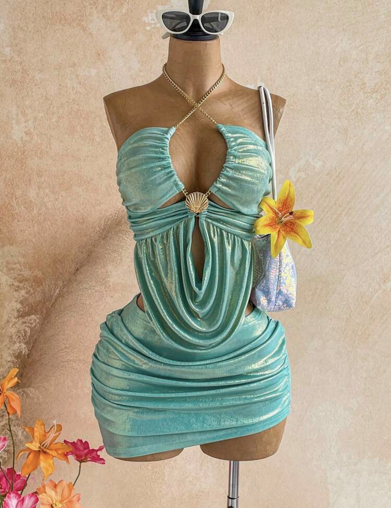 Conjunto de dos piezas sexy para mujer con top halter plisado de textura metálica y falda