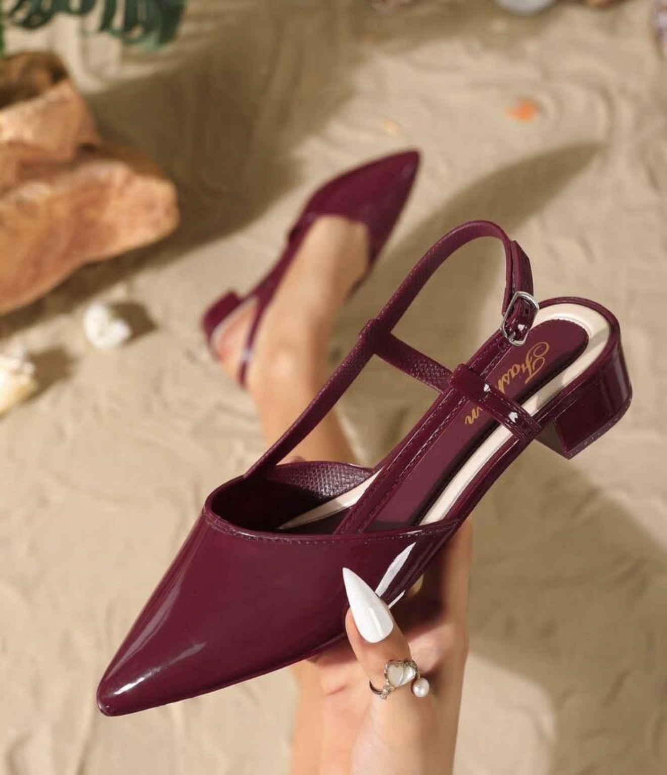 Sandalias de tacón grueso con punta puntiaguda para mujer, sandalias casuales de exterior con hebilla y punta abierta, tacones altos elegantes de color burdeos