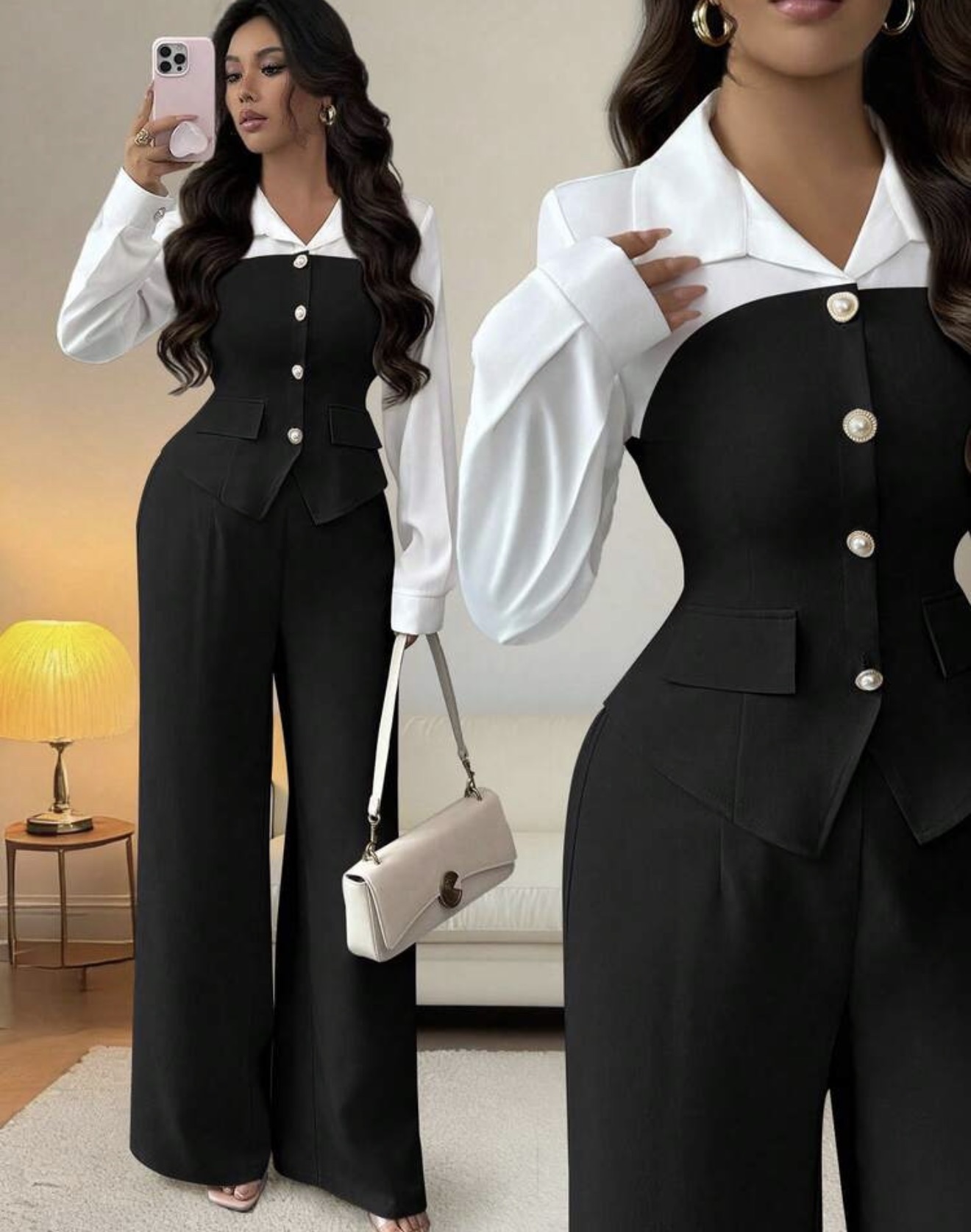 Elenzya Nuevo conjunto elegante y casual de otoño, 2 en 1 con camisa de cuello con botones de perla y empalme en la cintura
