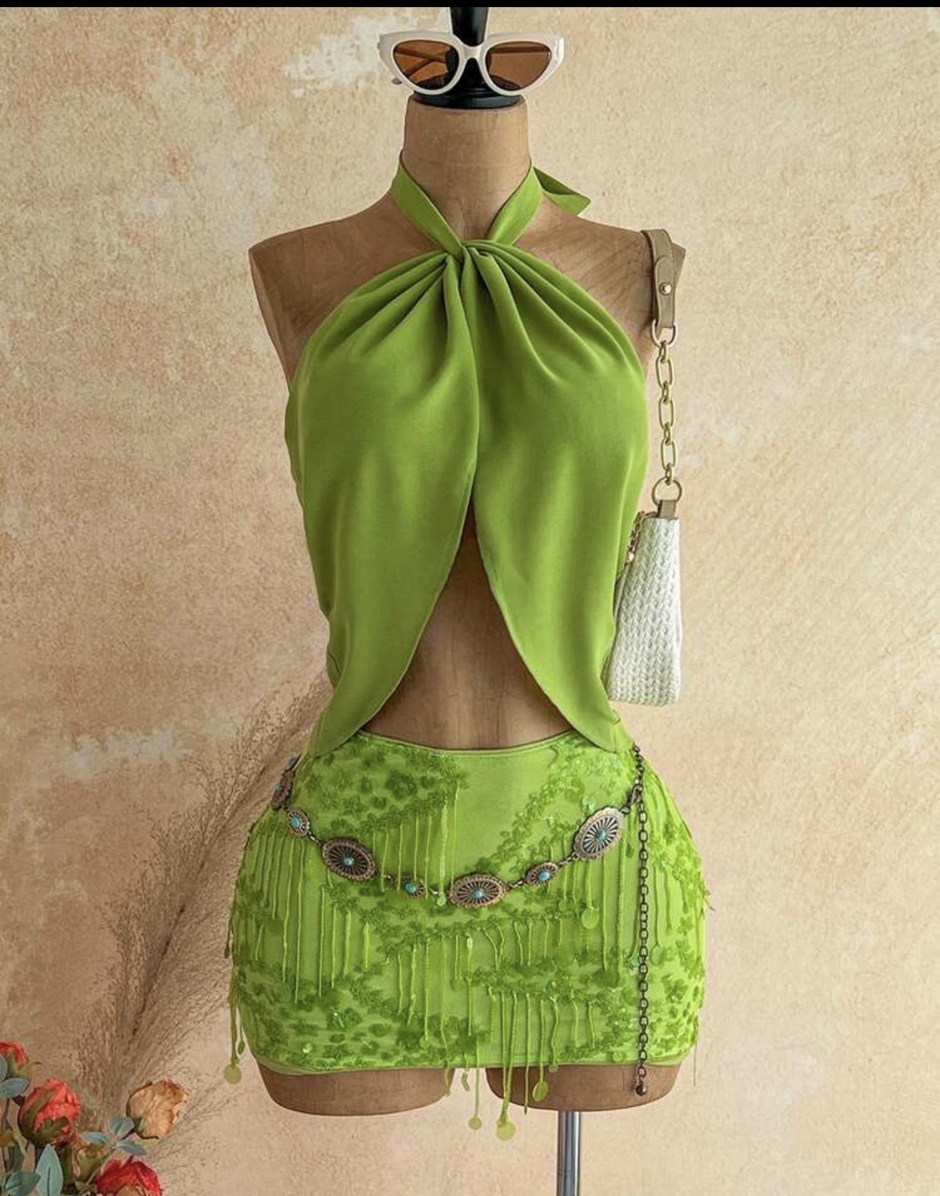 Conjunto de 2 piezas para mujer primavera/verano romántico de vacaciones verde top bandeau sin espalda con cuello halter + minifalda de lentejuelas