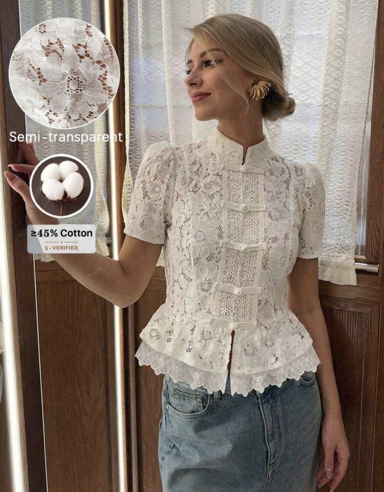 Blusa blanca de algodón puro con cuello de encaje de ganchillo, corte ceñido, para todas las estaciones, top elegante y de moda para mujer