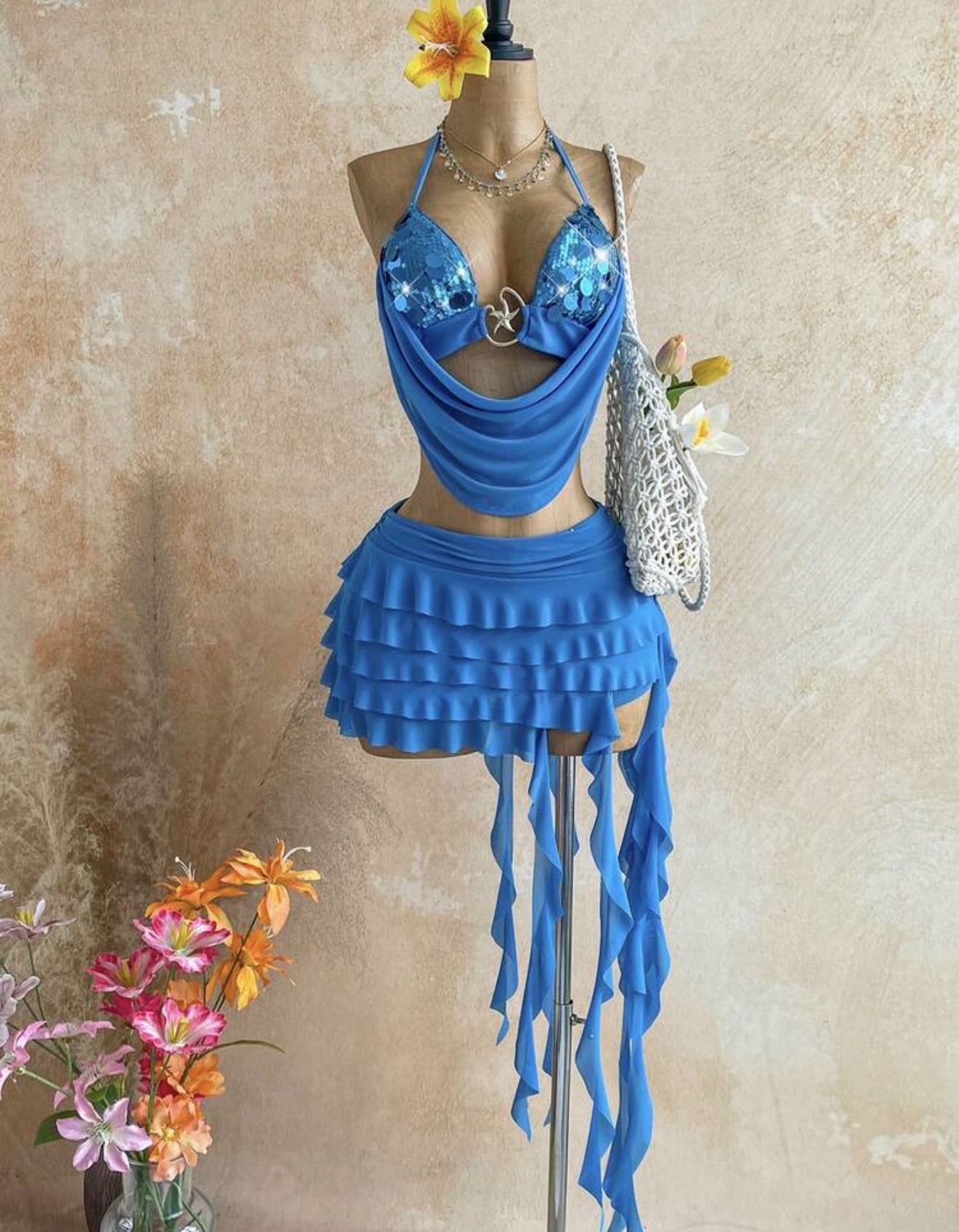Conjunto de 2 piezas para mujer con cuello halter con volantes de lentejuelas azules, decoración de metal con estrella de mar