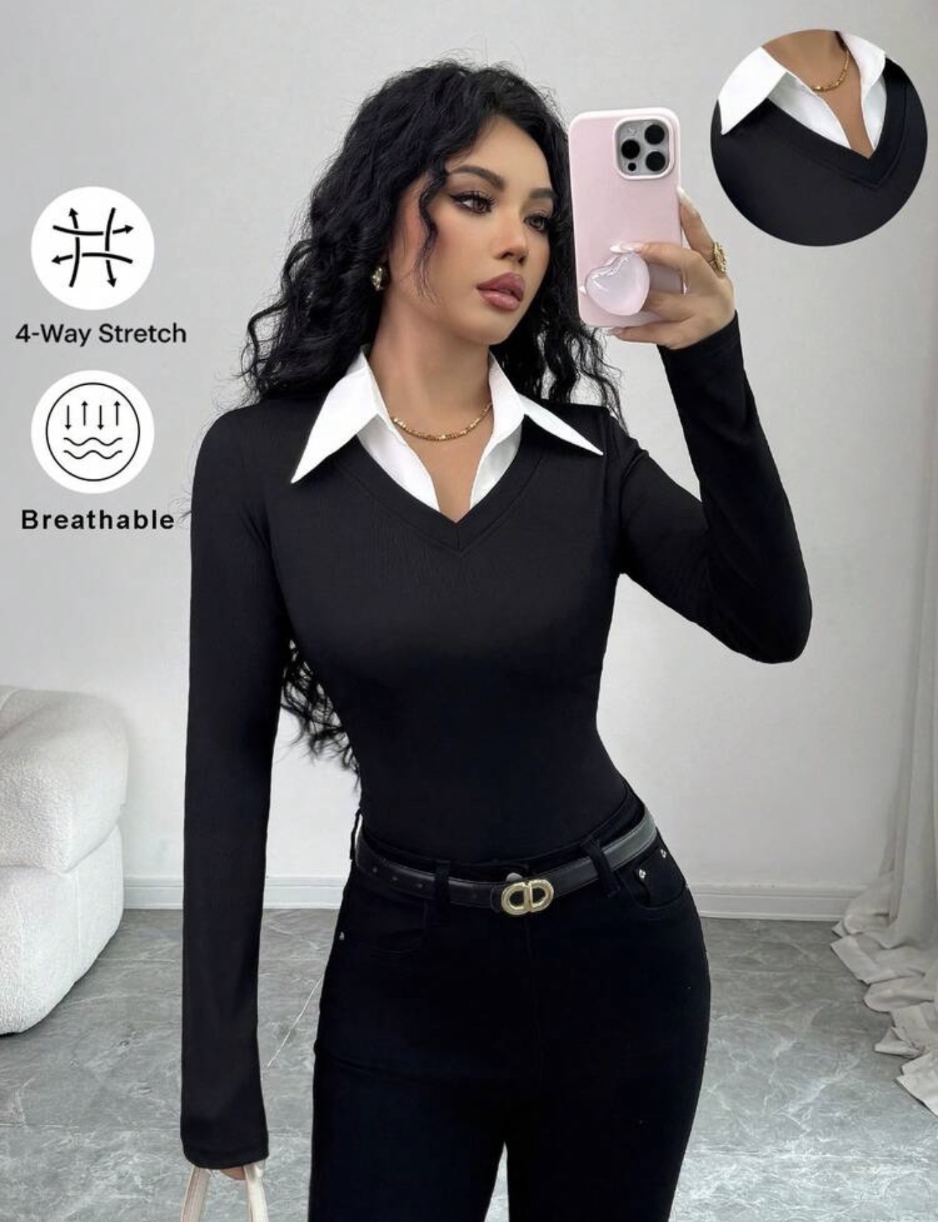 Rafferiza Blusa de punto elástica ajustada con cuello en V y patchwork para mujer, top de oficina, estilo preppy elegante, negro y blanco, otoño,