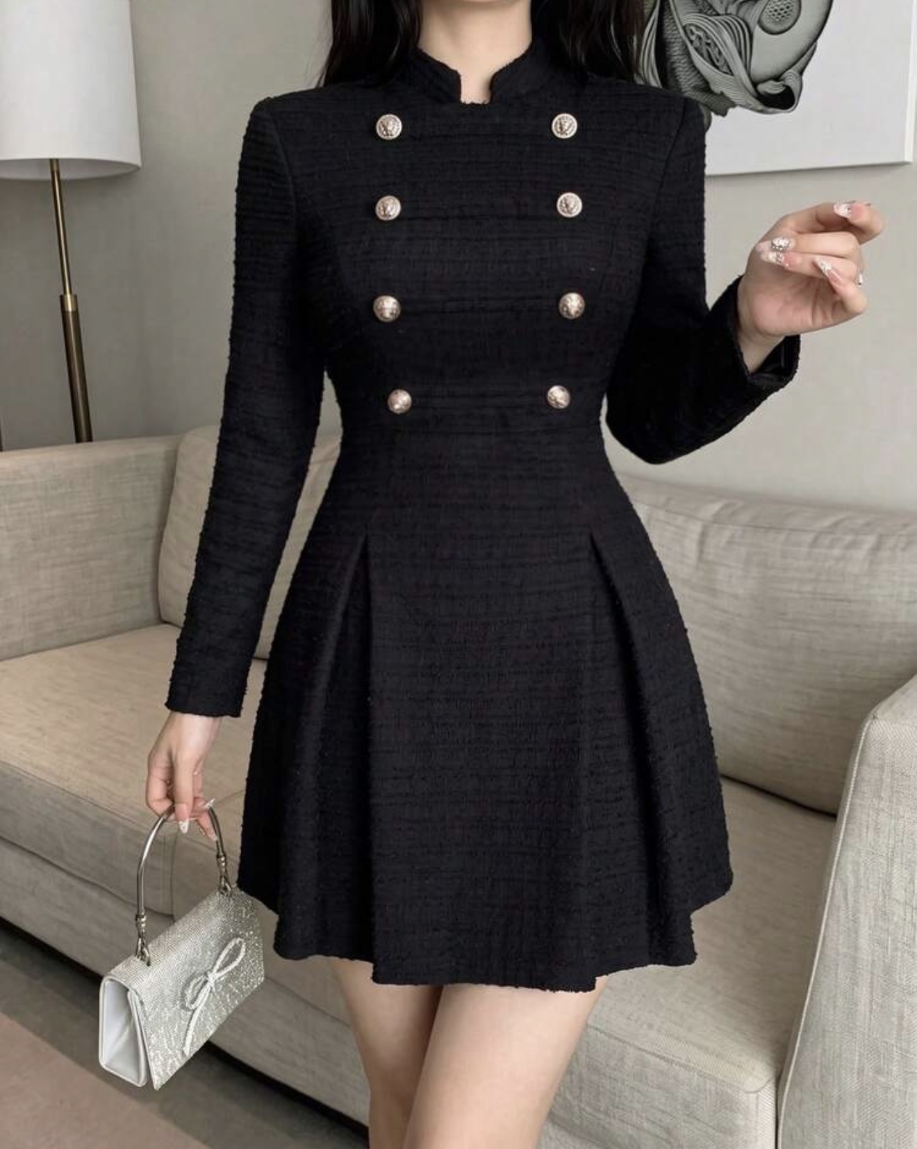 abyoxi Vestido mini de tweed negro de manga larga con línea A para mujer, cuello alto con pequeño escote en V