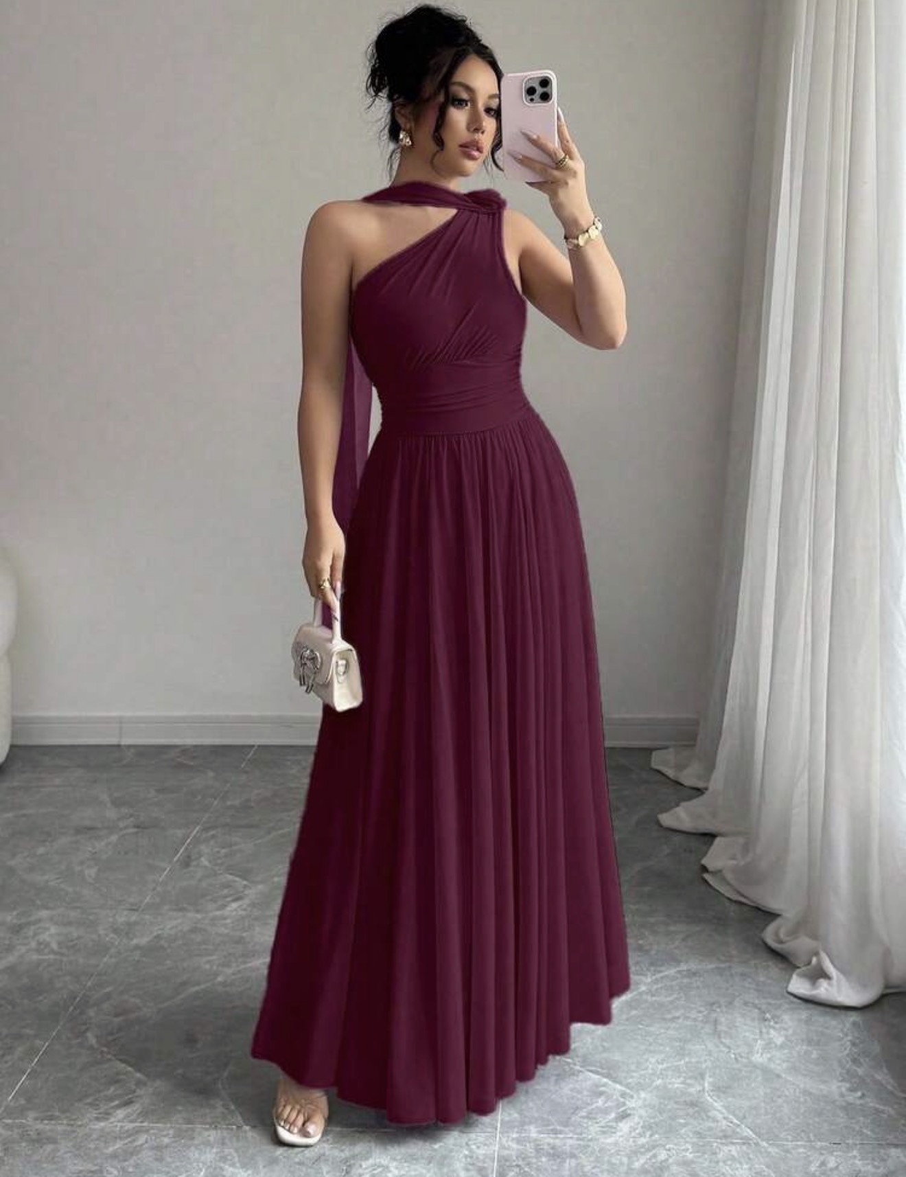 Elenzga Vestido elegante de 4.76 （100+）> estilo europeo y americano con decoración floral asimétrica en los hombros, adecuado para salidas
