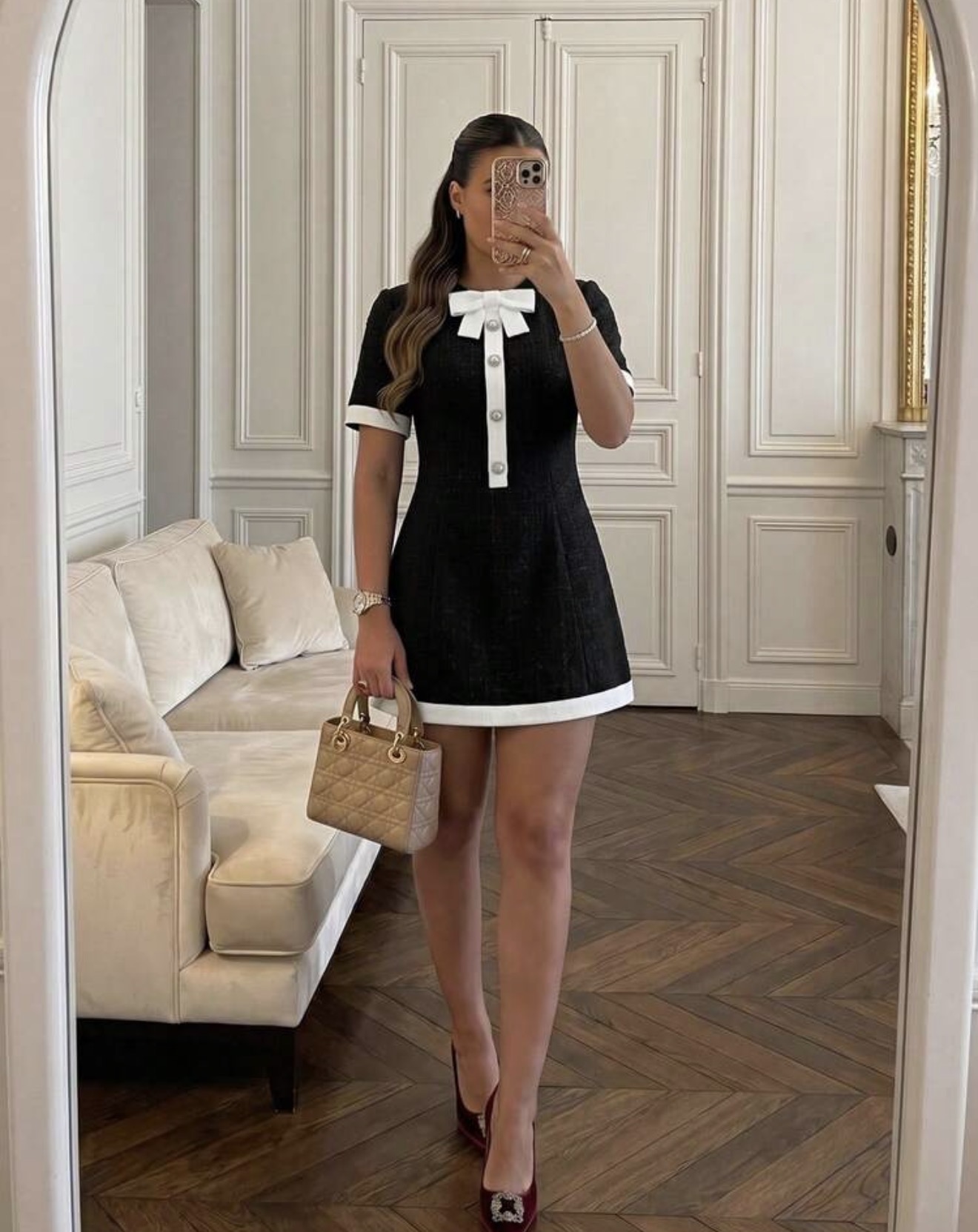 Vestido corto de manga corta con cuello redondo, estilo francés retro elegante