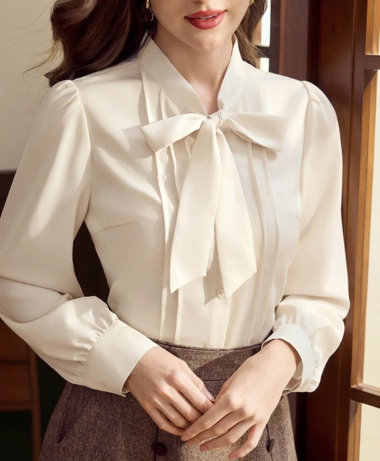 Vintamour Blusa elegante vintage para mujer con lazo, nudo, plisado y botones, top casual