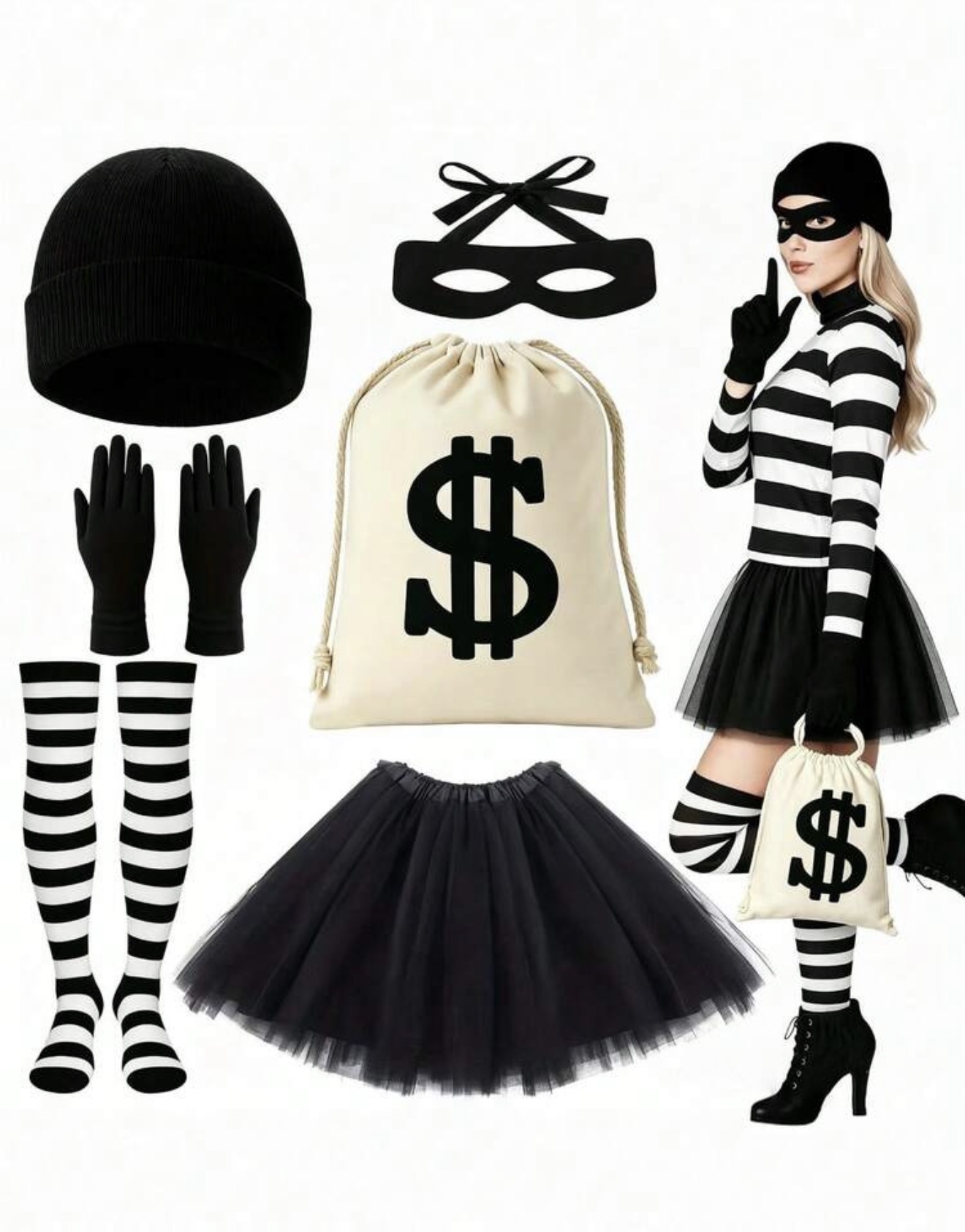 Juego de 8 piezas/Disfraz de ladrón de Halloween, bolsa de lona con signo de dólar, calcetines largos, gorro de punto negro, guantes negros, juego de máscara