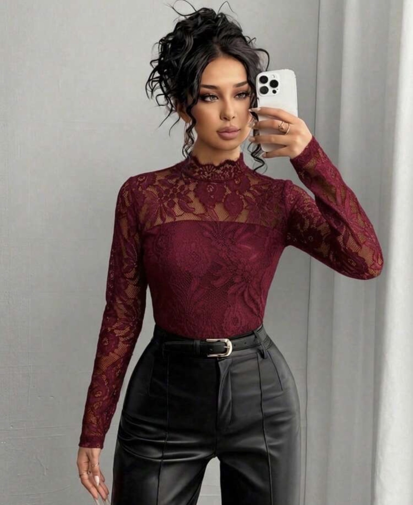 Raffinéa Camiseta transparente de encaje de unicolor elegante y sexy para mujer