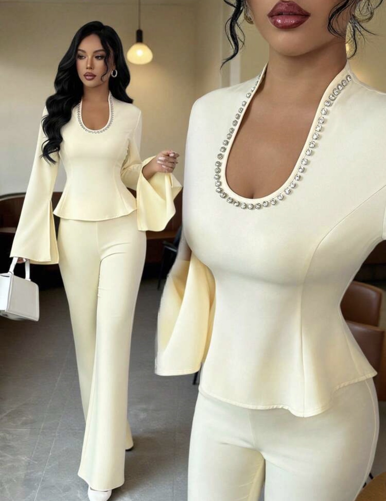 Elenzga Conjunto de 2 piezas de top elegante y lujoso con pantalones de pierna ancha