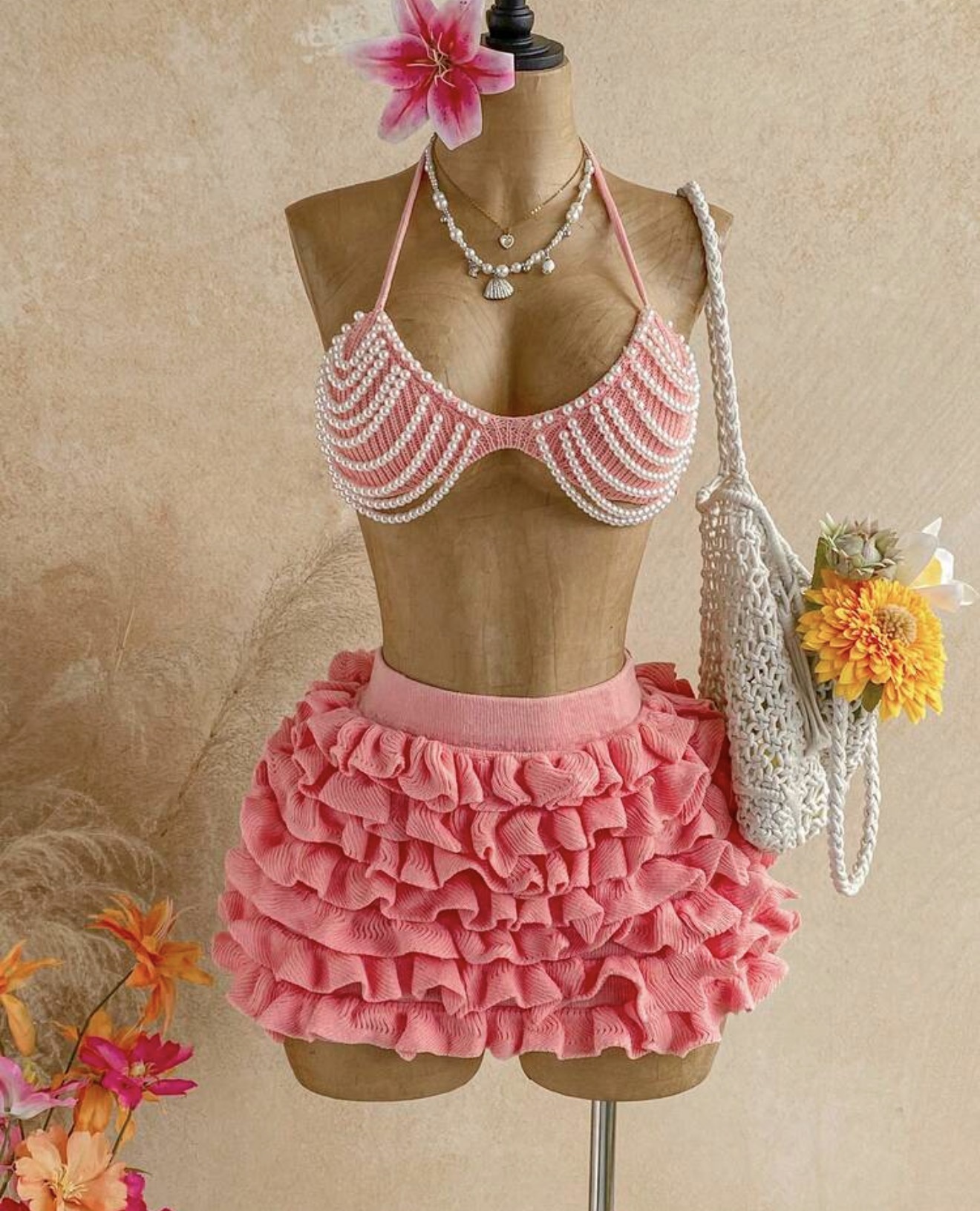 Set de 2 piezas: Top halter corto de punto con decoración de perlas y falda midi de punto para mujer