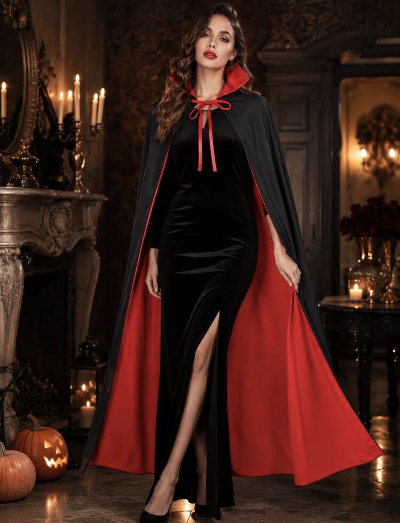 1 pieza Capa de vampiro roja y negra, estilo gótico de Halloween, poliester con cuello alto y cierre con lazo, capa larga disfraz accesorio para fiesta