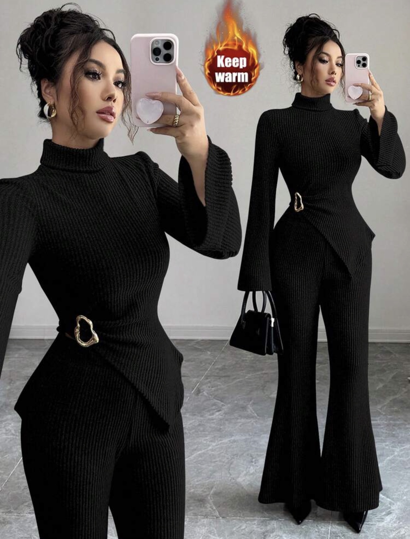 Elenzga Nuevo conjunto de dos piezas de mujer con top de manga acampanada con decoración metálica y pantalones acampanados, de cuello alto, de punto acanalado